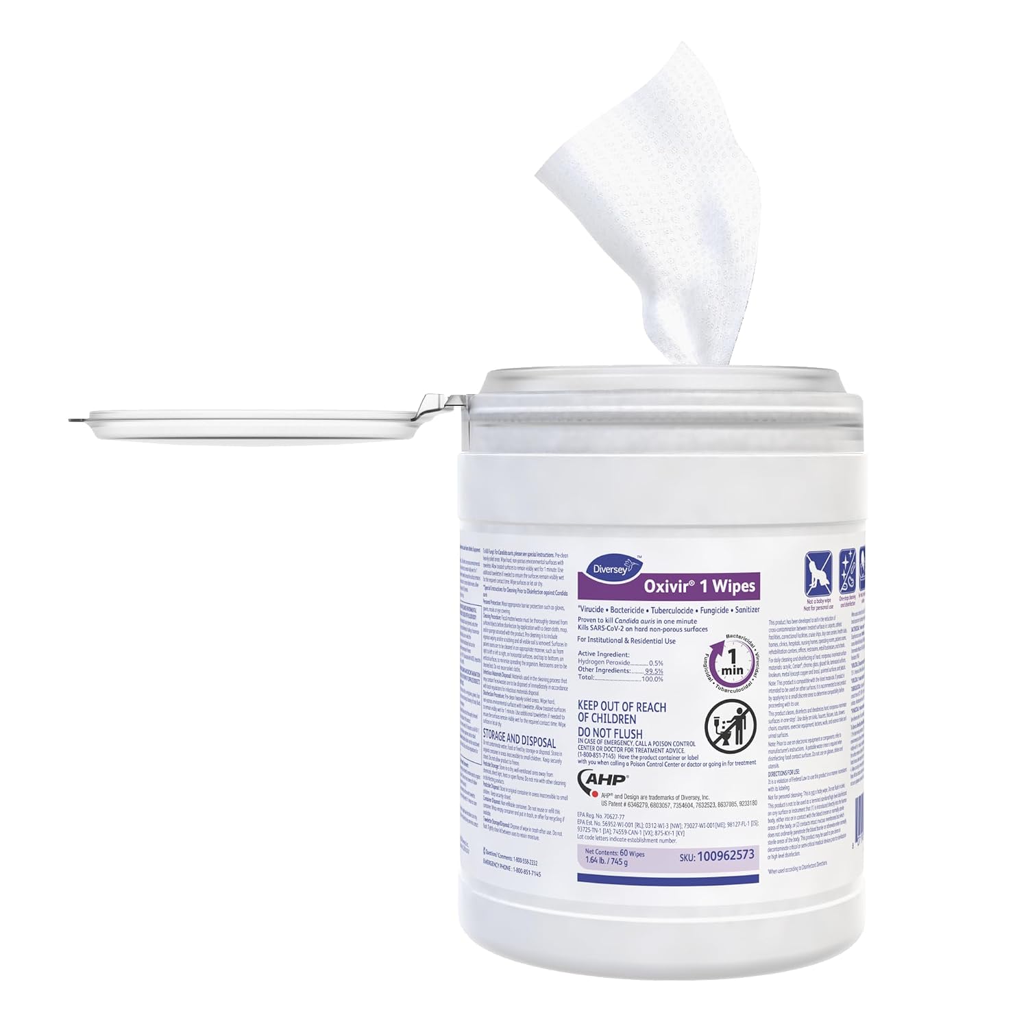 Oxivir Diversey 1 Disinfectant Wipes, AHP Hydrogen Peroxide Cleaner, Multi-Surface Cleaner for Home & Commercial Use, Large Wipes, 60 Count Canister