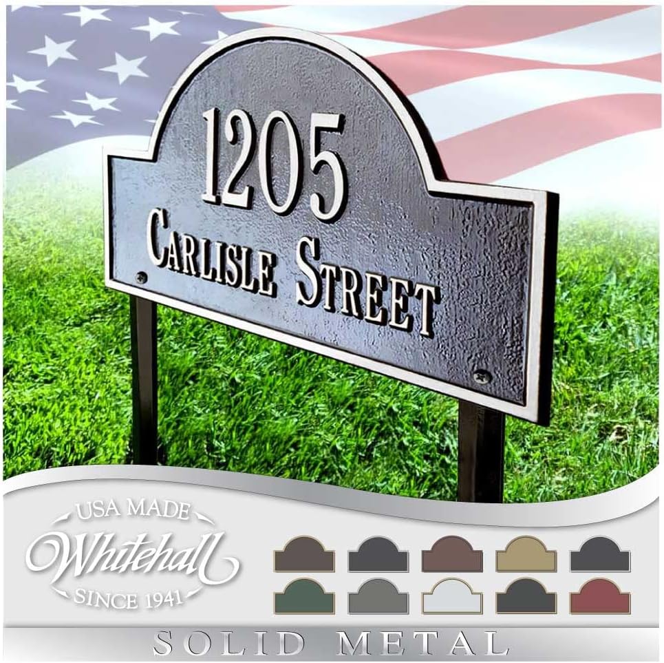 Personalized Cast Metal Address plaque - LAWN MOUNTED Arch Plaque. Made in the USA. BEWARE OF IMPORT IMITATIONS. Display your address and street name. Custom house number sign.