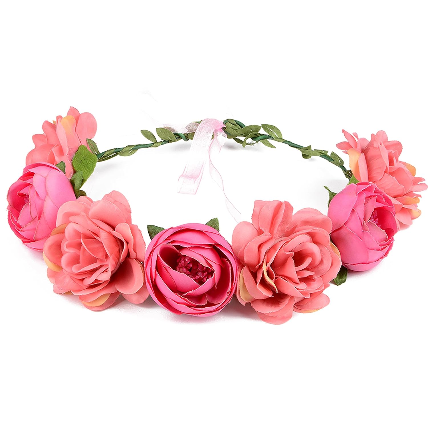 Flower Crown Headband for Women, Pink Rose Floral Hair Wreath