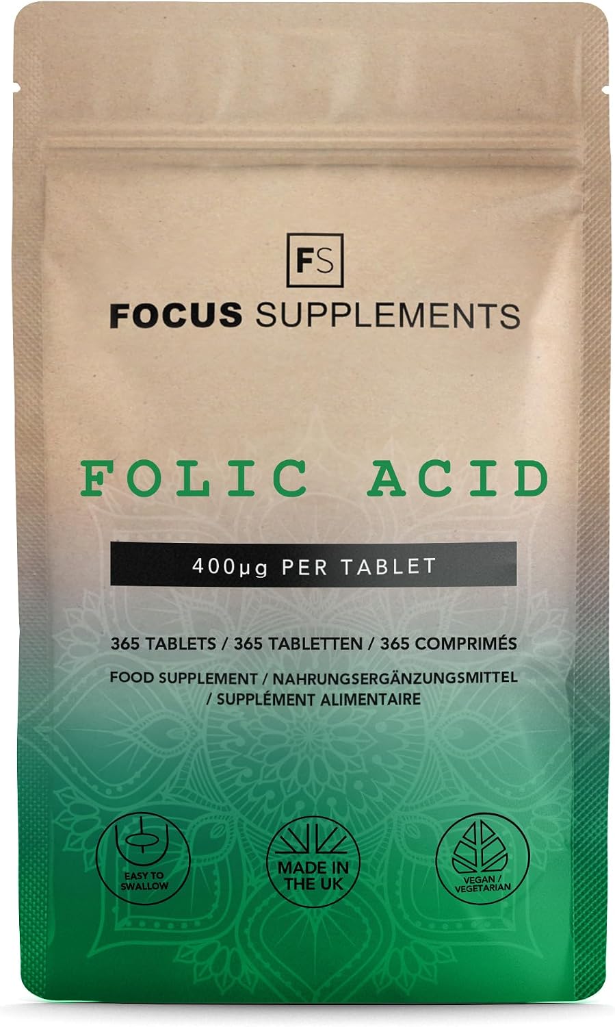 FS Folic Acid | 365 Folate Supplements - 400µg Folic Acid Tablets per Serving | High Strength Vitamin B9 | Non-GMO, Gluten & Allergen Free | Manufactured in The UK