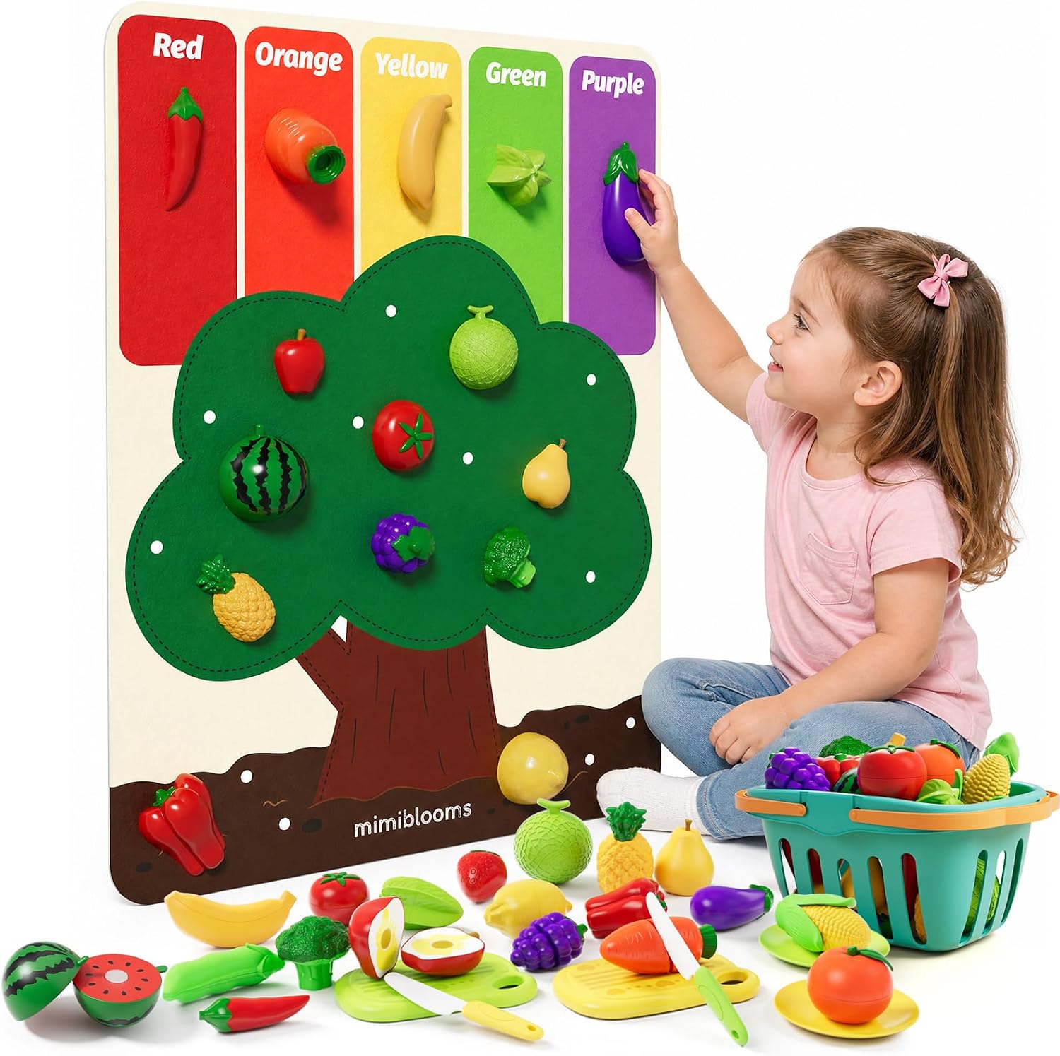 ALASOU Play Food Set with Hanging Felt Tree Mat & Storage Basket | Cutting Fruits Pretend Play Toys for Kids Kitchen, Montessori Color Sorting Playset,Gifts for Toddlers 3 4 5 6 Boys Girls