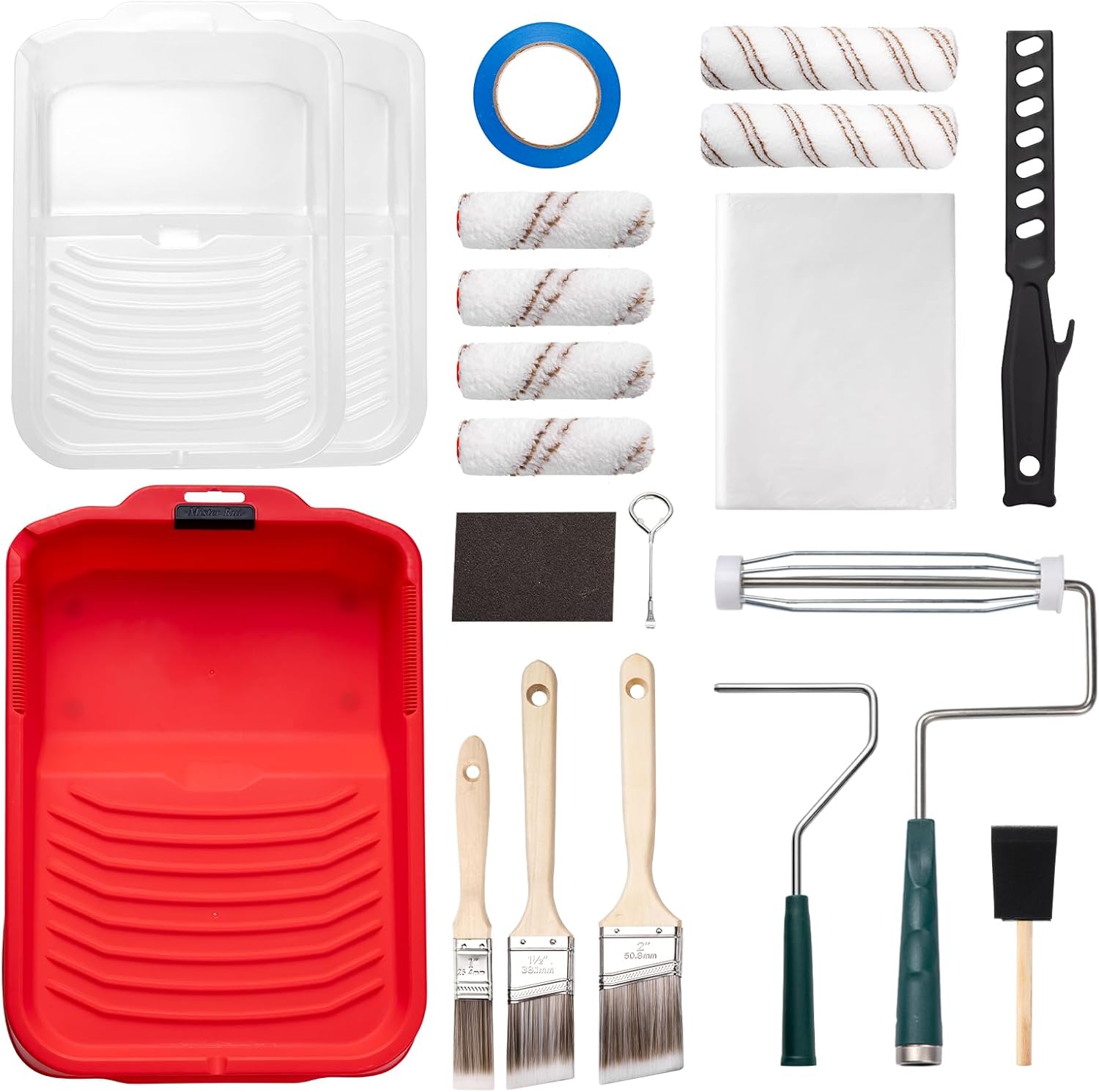 Mister Rui 20-Piece Paint Roller Kit with Non-Slip Tray, Microfiber Roller Covers, Brushes, Drop Cloth, and More for DIY & Professional Painting Projects - Complete Set for Home Improvement