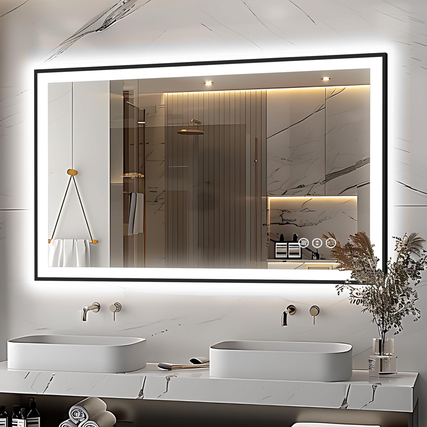 Trymiss 48x30 LED Mirror for Bathroom, Black Aluminum Framed, Anti-Fog, Stepless Dimmable, Vanity Mirror with Lights, Front and Backlit, 3 Colors, Tempered Glass (Horizontal/Vertical)