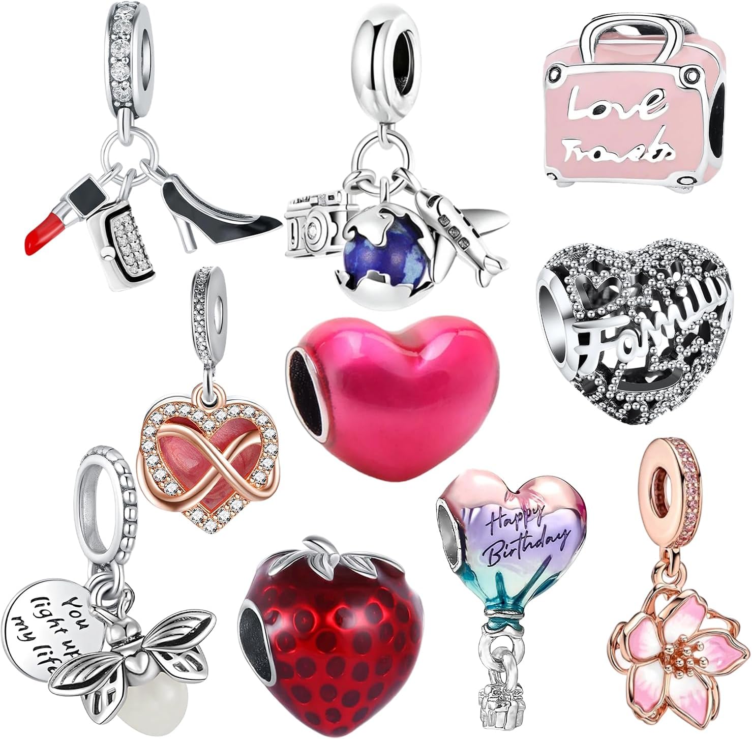 10 Pcs Bracelet Charms, Sparking Silver Charms for Pandora Bracelets and Necklaces, Cubic Zirconias Necklace Charms Metal Charms for DIY Necklace Bracelet Jewelry Making and Crafting