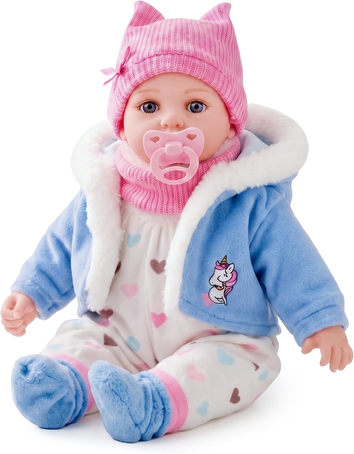 Bibi Doll 16'' Baby Girl Doll Louise with Sounds & Dummy - Soft Body Realistic Baby Doll in Blue Coat, Vinyl Limbs, Lifelike Blue Eyes Toy for Boys & Girls Aged 18 Months+
