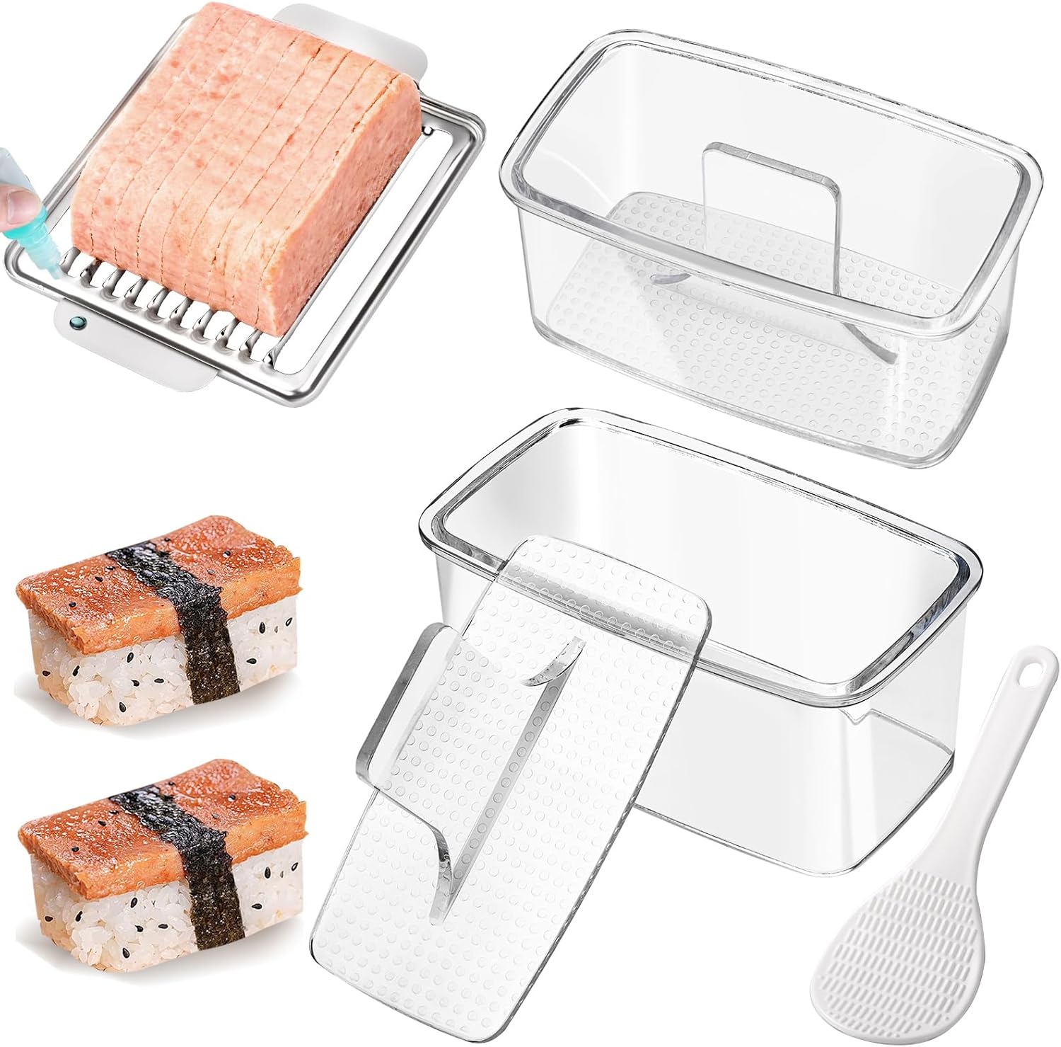 Musubi Press Mold Kit, 2 Pack Clear Musubi Maker with Stainless Steel 304 Luncheon Meat Slicer for SPAM (Clear)