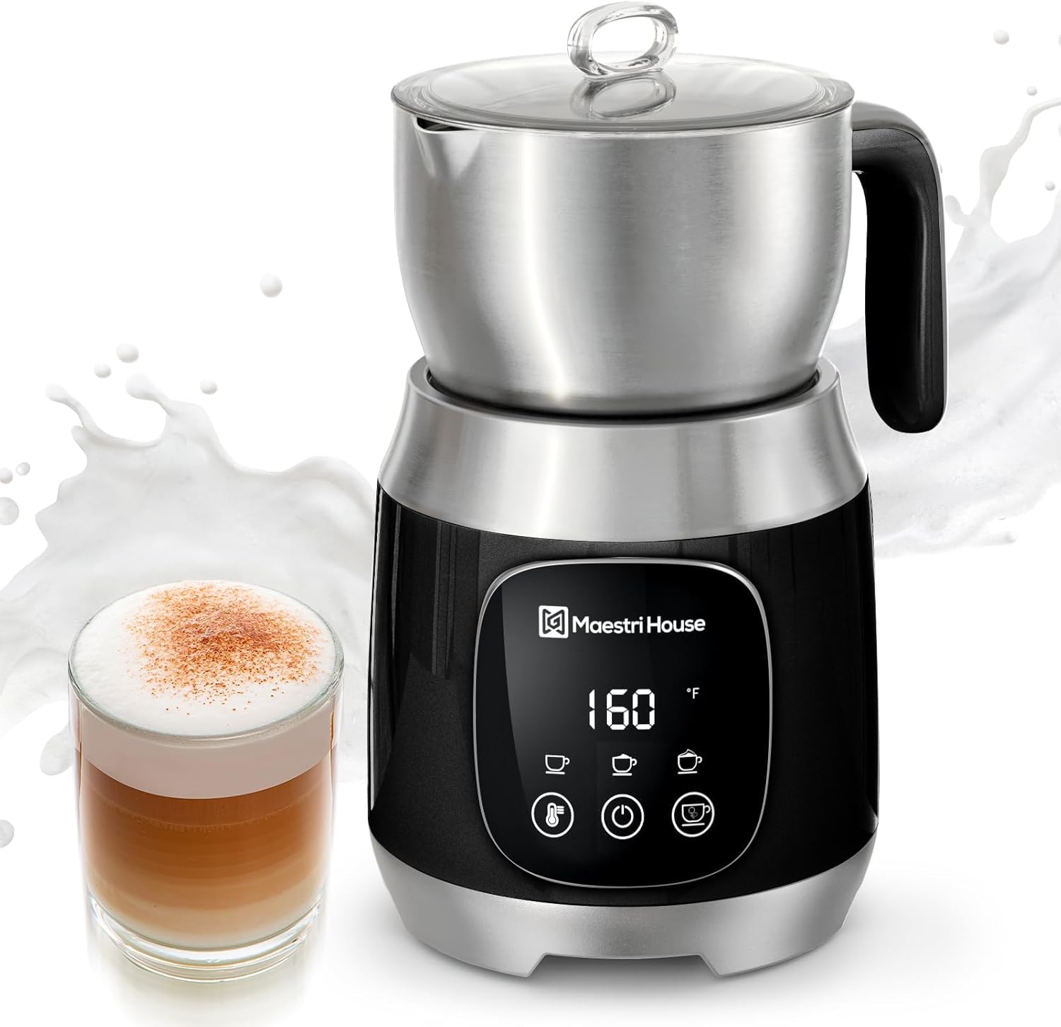 Maestri House Milk Frother, Variable Temp and Froth Thickness DualFro 600 Milk Frother Steamer, 21OZ Smart Touch Control Milk Warmer, Dishwasher Safe, Memory Function for Latte&Hot Chocolate (Black)