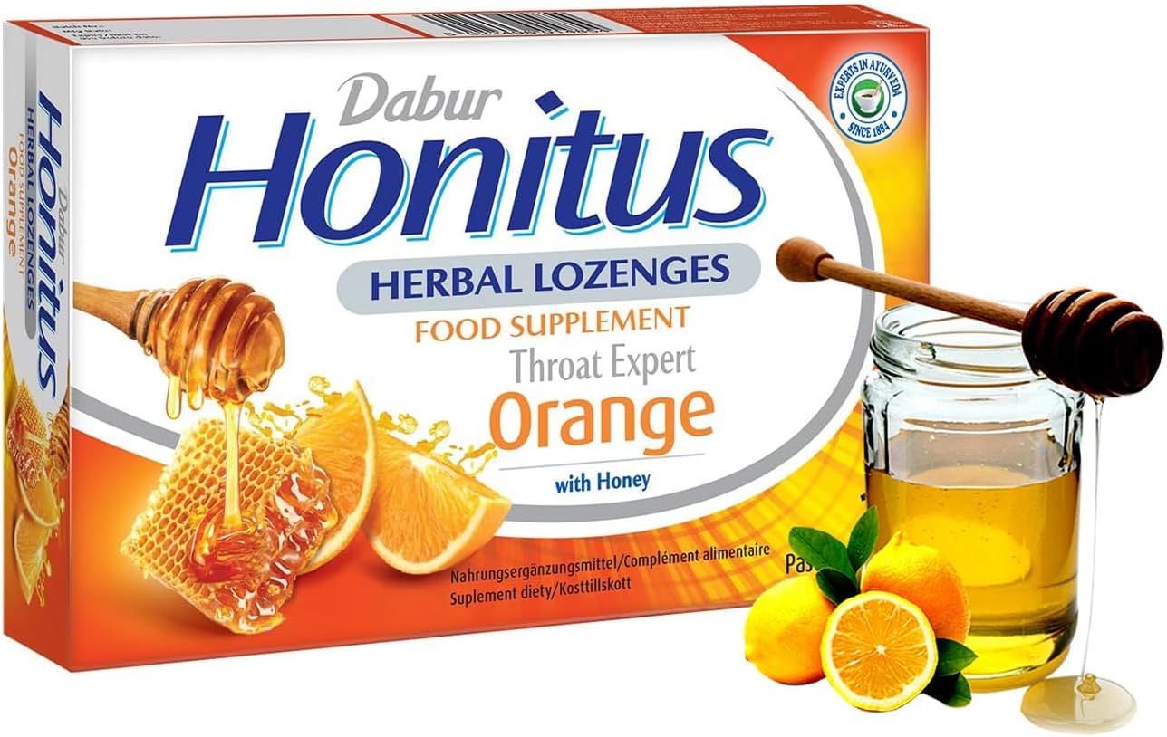 Dabur Honitus Herbal Orange Flavor - 24 Lozenges | Effective Relief from Cough & Sore Throat Pain