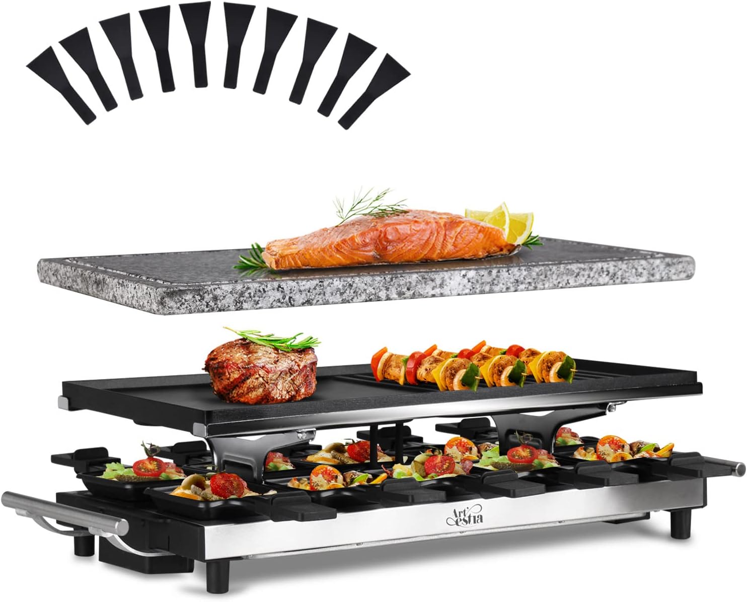 Artestia 1500W Large Size Raclette Cheese Grill Adjustable Temperature Korean BBQ Grill, Cheese Raclette with Grill Stone and Food-Grade Ceramic Glaze Reversible Aluminum Plate for Parties Family