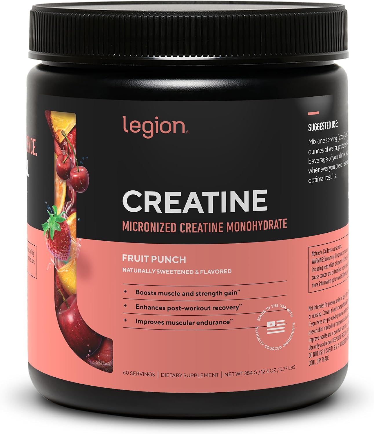 LEGION Micronized Creatine Monohydrate Supplement - Clean Creatine Powder for Muscle Gain & Post Workout Recovery - Micronized Creatine Supplement for Maximum Absorption (60 Servings, Fruit Punch)