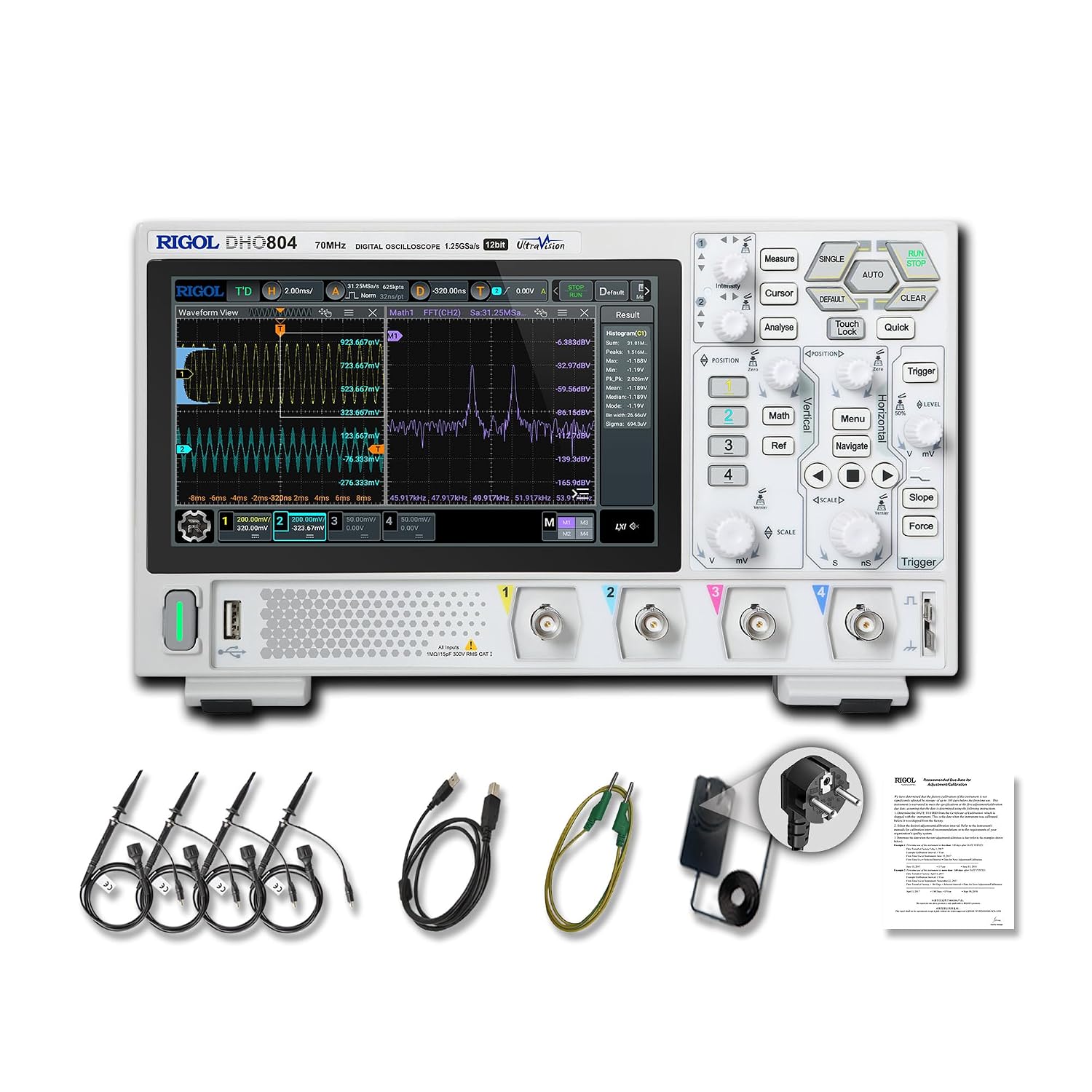 RIGOL Digital Oscilloscope DHO804 70MHz Frequency Band + 12-bit Vertical Resolution + Maximum 1.25 GSa/s Sample Rate + 1000,000 wfms/s Waveform Capture Rate + 4 Analog Channels