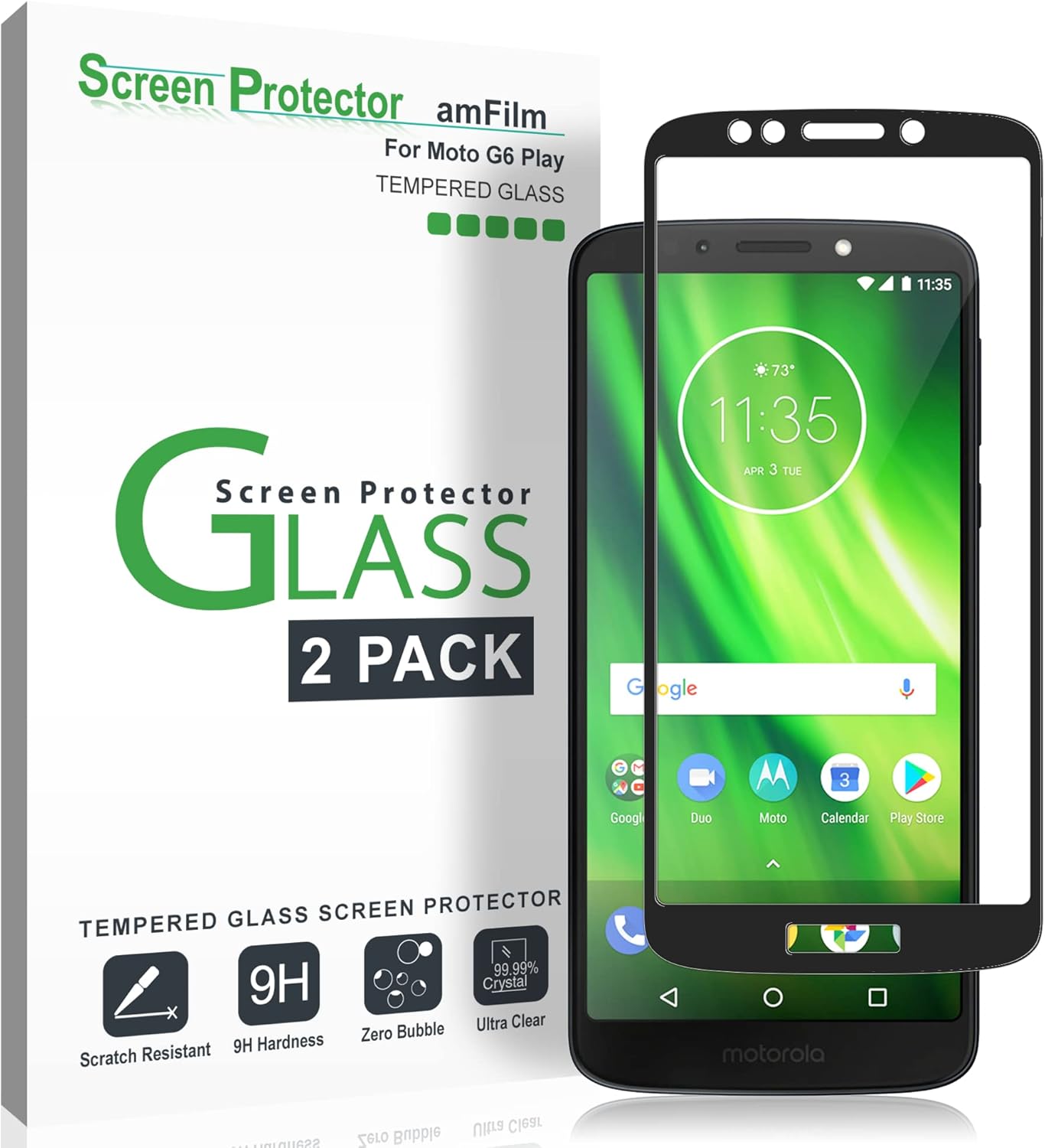 Moto G6 Play Screen Protector Glass (2 Pack), amFilm Full Cover Tempered Glass Screen Protector with Dot Matrix for Motorola Moto G6 Play (Black)