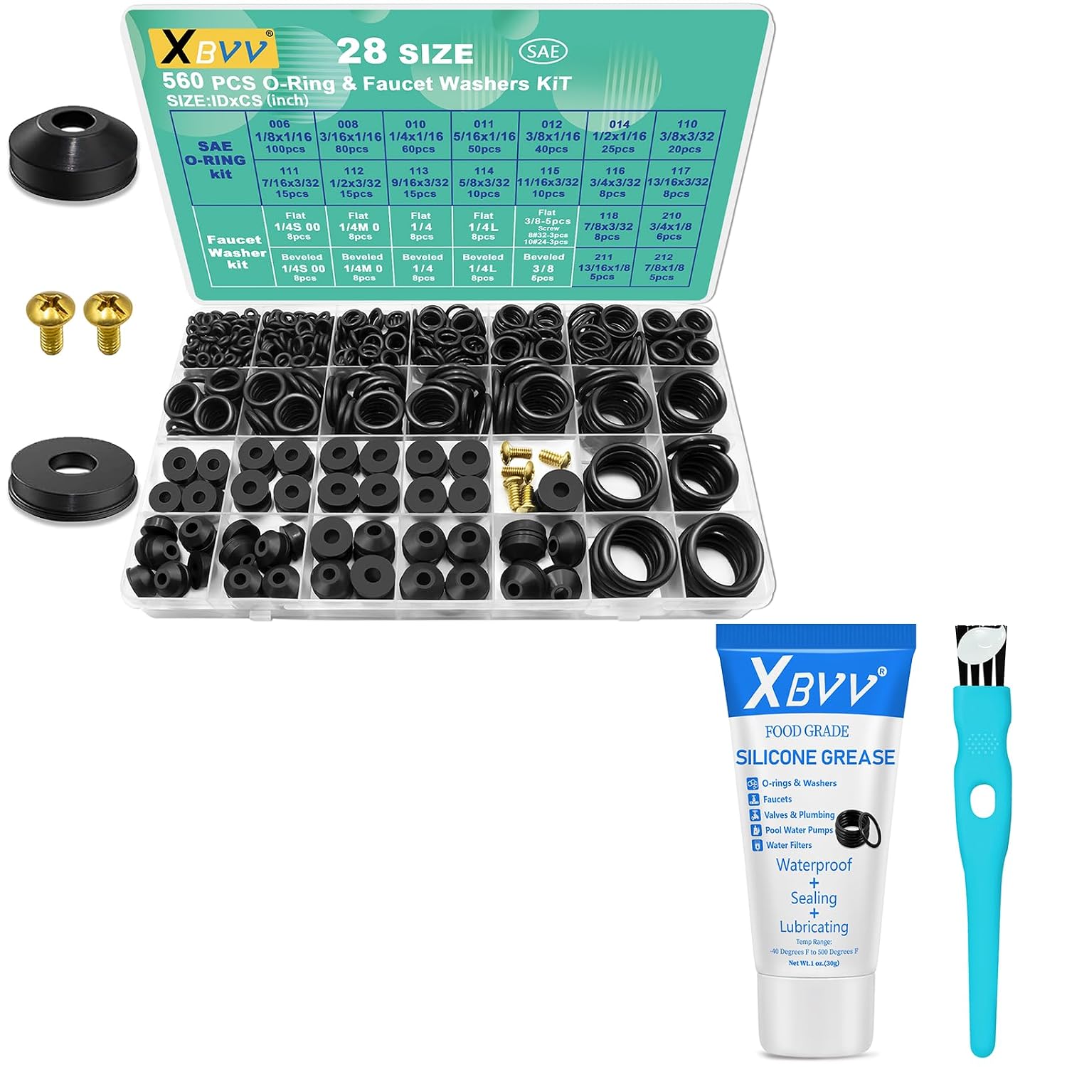 1 Pack Silicone Grease and 560 Pcs 28 Size Faucet Rubber Washers Kit and SAE O Ring Assortment Set for Assorted Plumbing Faucet Sealing Repair