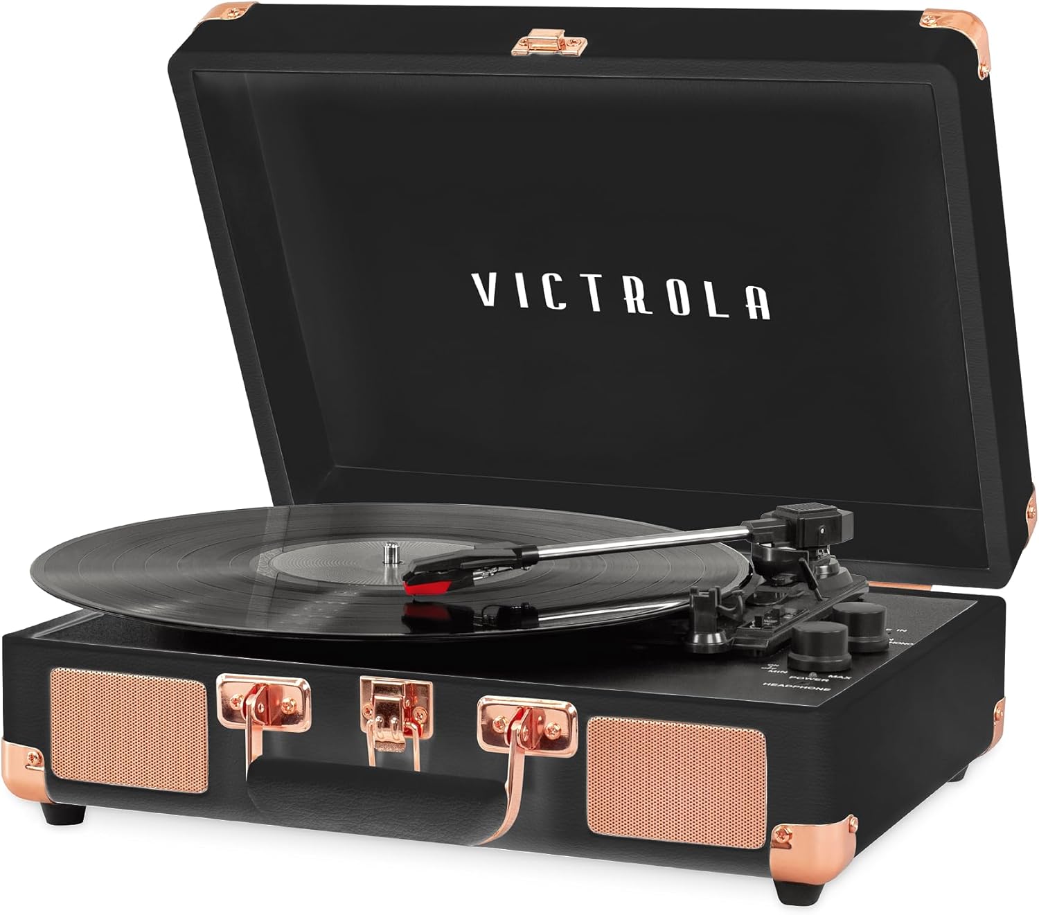 Victrola Journey Bluetooth Portable Suitcase Record Player – with Built-in Speakers, 3 Speed Vinyl Record Player, RCA Out, Headphone Jack (Black Rose Gold)