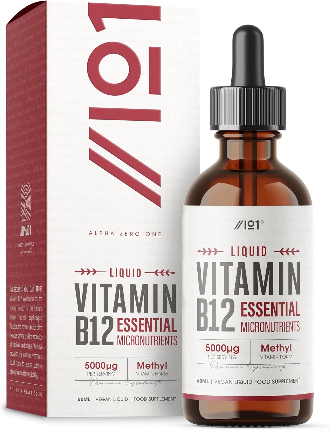 Vitamin B12 Liquid Drops 5000mcg - 60ml (2 Months Supply) - High Strength Methylcobalamin Supplement - Vegan & Vegetarian Friendly - By Alpha01