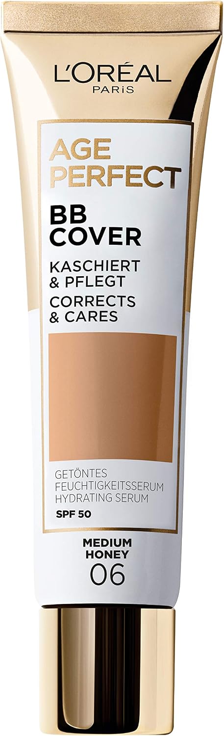 L'Oreal Paris Age Perfect BB Cream 06 Medium Honey, light-weight, Infused with hydrating serum, Vitamin B3, SPF 50