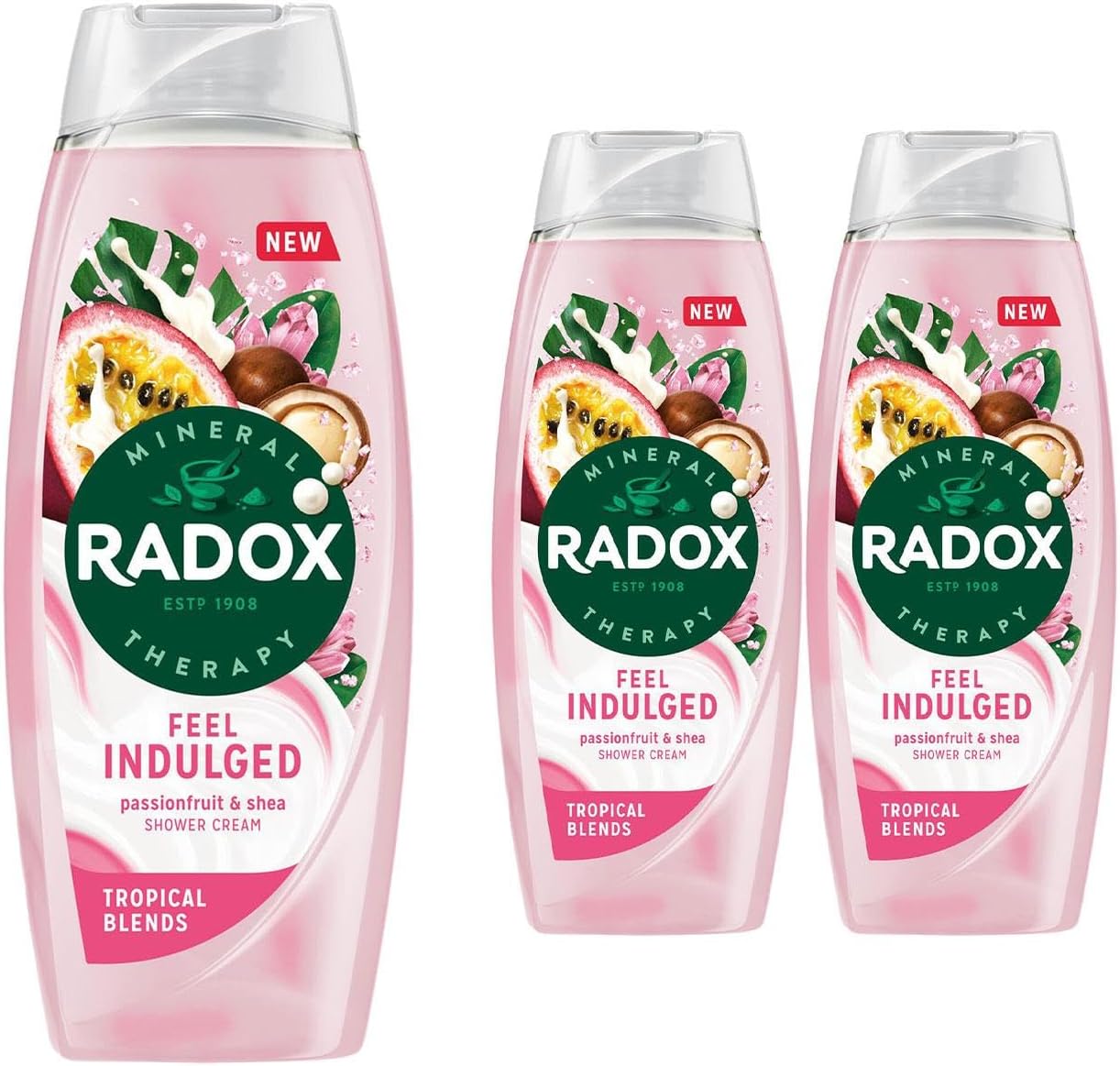 Radox Mineral Therapy Feel Indulged Shower Gel Body Wash, Pack of 3, Shower Cream with 4 minerals and 13 herbs, Passionfruit and Shea scent for a Mood-Boosting Experience, 450 ml