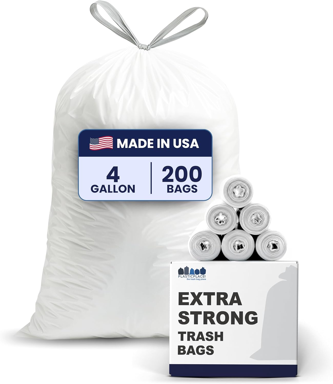Plasticplace 4 Gallon White Drawstring Trash Bags, 200 Count (Pack of 1) – 0.7 Mil Leak-Proof Garbage Liners for Small Trash Can, Bathroom, Kitchen, Office, and Car Use