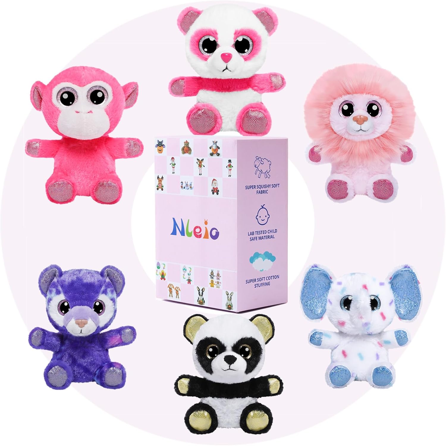 Nleio 6 PCS Cute Stuffed Animal Plush Toys, 13cm/5" Super Soft Small Stuffed Animals includeing Lion, Monkey, Elephant, Pink Bear, Purple Bear, Panda, Adorable & Washable, Gift for Ages 0+ Baby Kids
