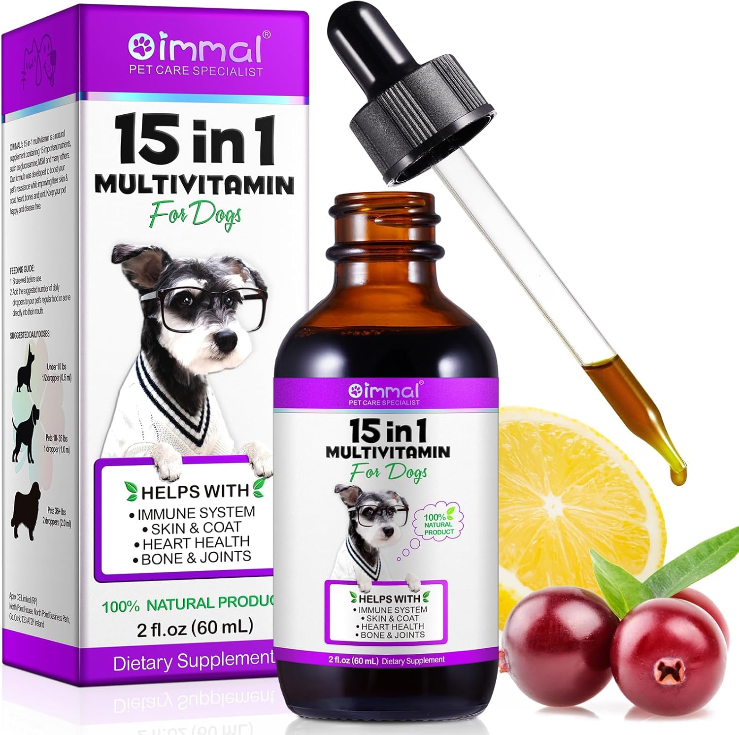 15 in 1 Multivitamin for Dogs, 60ML Natural Daily Vitamins for Joint, Skin Coat, Skin Health, Heart Health for Small, for Medium and Large Dogs