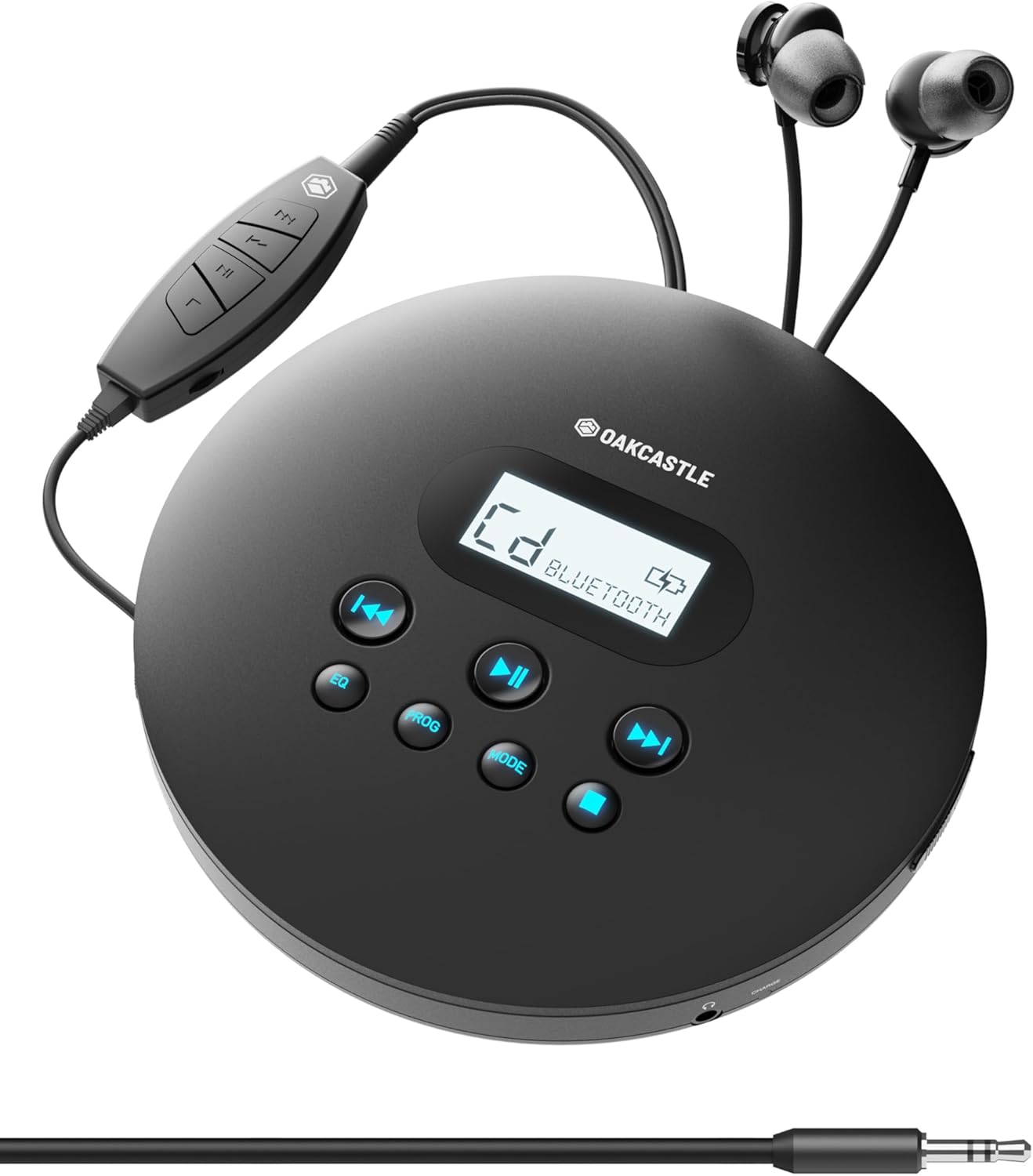 Oakcastle CD100 Rechargeable Bluetooth CD Player | 12hr Portable Playtime | in Car Compatible Personal CD Player | Headphones Included, AUX Output, Anti-Skip Protection, Custom EQ, CD100 (Black)