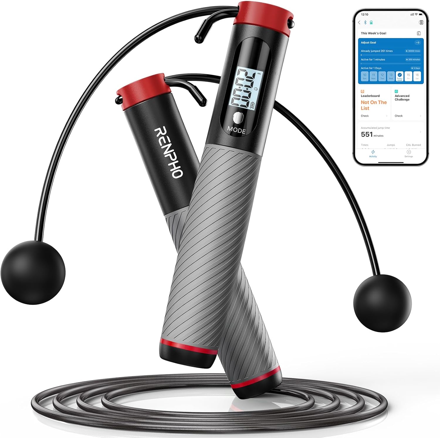 RENPHO Smart Skipping Rope with Counter, Adjustable Jump Ropes for Fitness, Skip Rope with APP Data Analysis, Workout Equipment for Women Men Adult Kids, Burn Calories, Boxing Jumping Rope, Gym, MMA