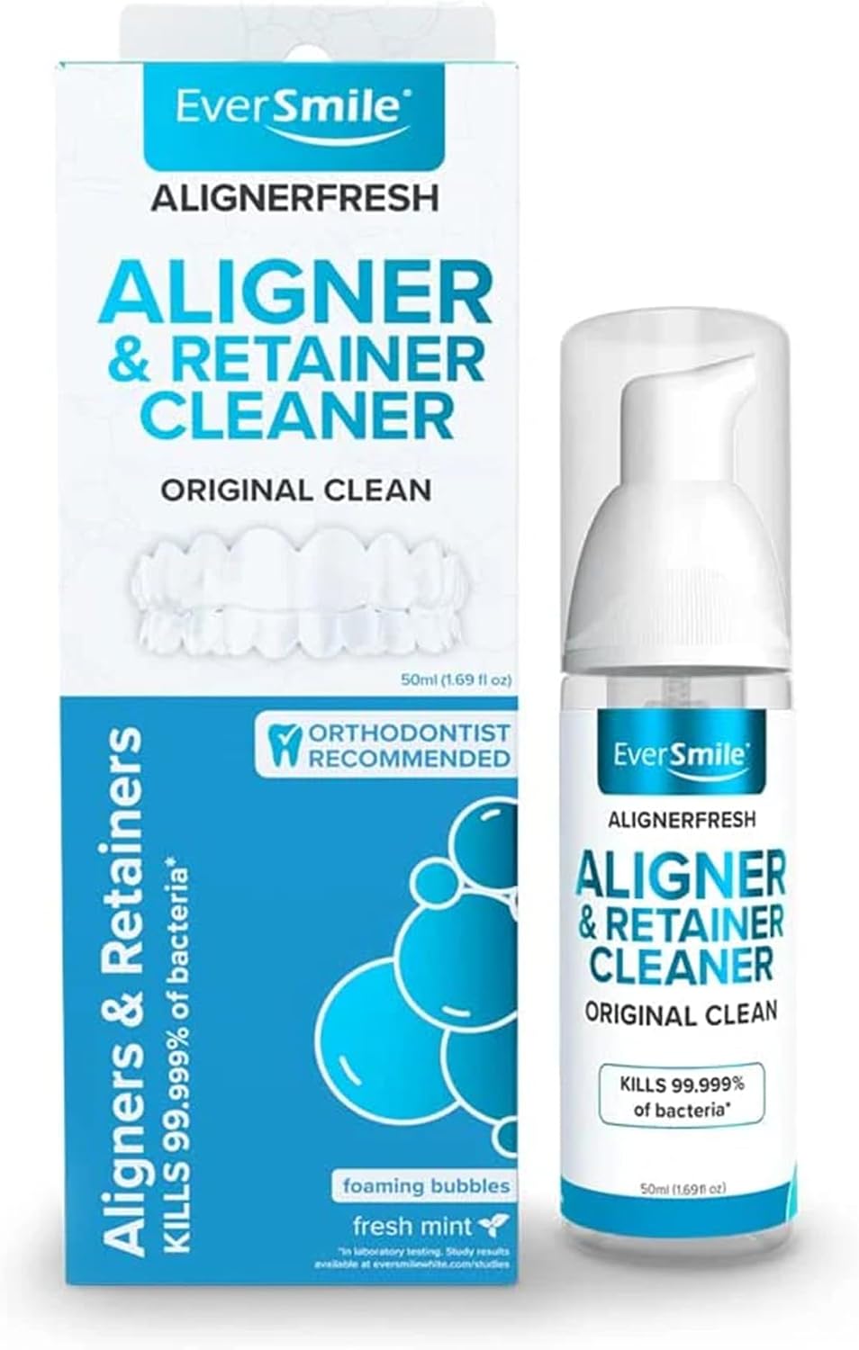 EverSmile AlignerFresh Original Clean Foam – Cleaner Compatible w/Invisalign and All Clear Aligners & Retainers – Eliminates Bacteria, Whitens Teeth, Fights Bad Breath – 50ml (1 Pack)