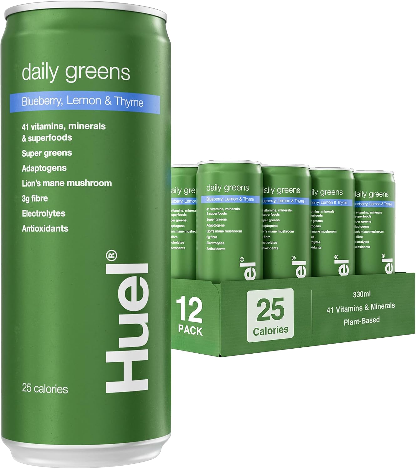 Huel Daily Greens Sparkling | 12x330ml Cans | Blueberry, Lemon & Thyme