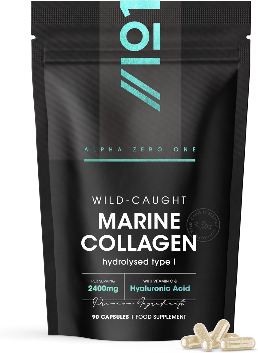 Marine Collagen Capsules 2400mg - Wild Caught with Hyaluronic Acid & Vitamin C - 90 Capsules (Not Collagen Powder/Collagen Tablets) - Collagen Complex for Skin Joints & Hair for Women & Men