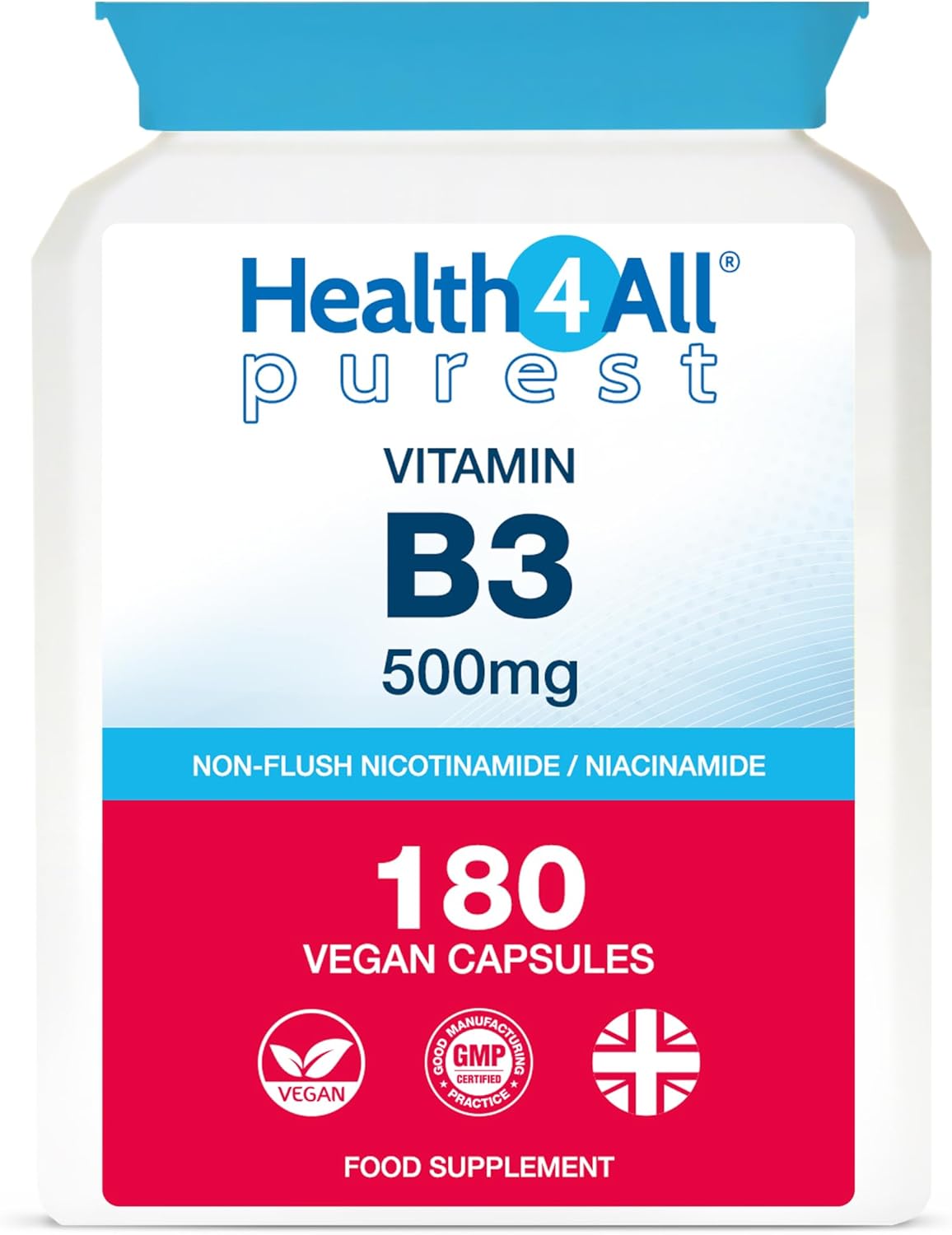 Health4All Vitamin B3 Niacin as Nicotinamide (Niacinamide) 500mg 180 Capsules (V) Purest, No Additives, Vegan, Gluten Free No-Flush Niacin Capsules