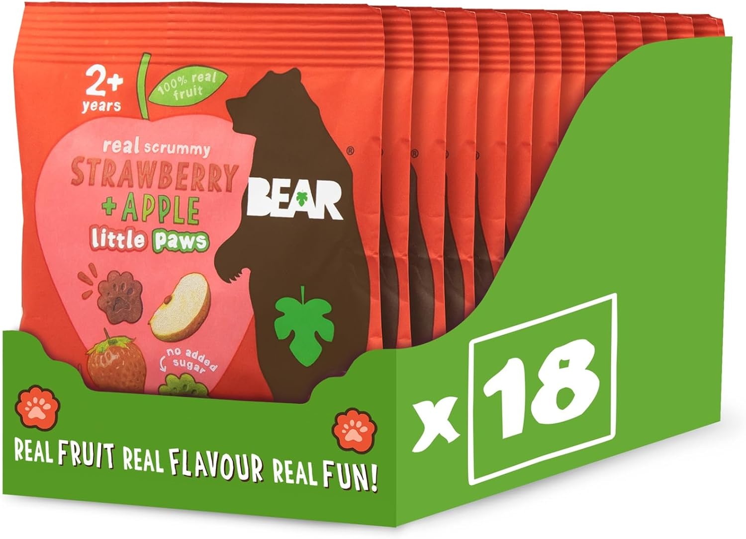 BEAR Strawberry and Apple Paws - Delicious Real Fruit - Suitable for 2+ years - Healthy - 20g (Pack of 18)