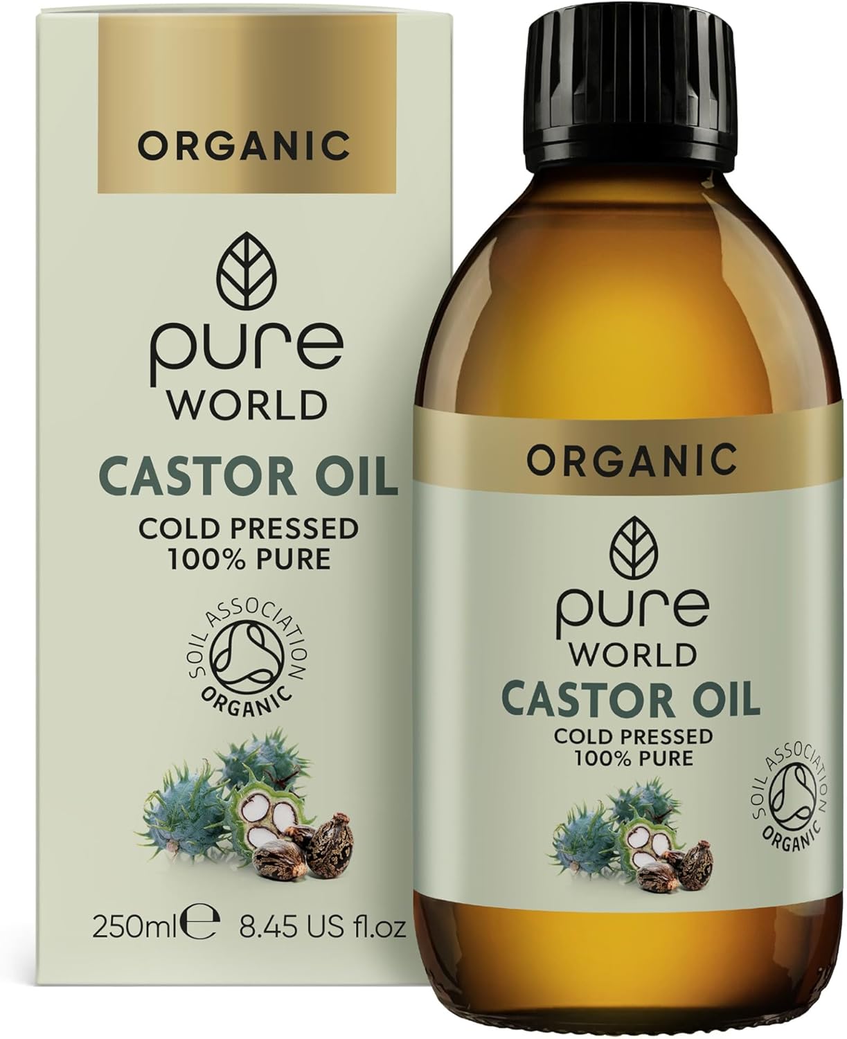 Pure World Natural Organic Castor Oil 250ml Premium Quality Cold & Fresh Press Glass Bottle Hexane Free for Hair, Skin - Ideal for Moisturizing, Conditioning, and Eyelashes & Eyebrows- Food Grade