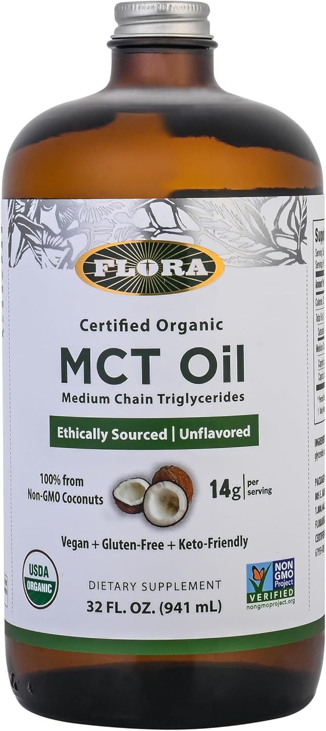 Flora - MCT Oil Certified Organic - Supports Muscle Energy & Brain Health - Contains C8 Caprylic Acid & C10 Capric Acid - Non-GMO, Gluten-Free, Vegan & Keto-Friendly - 32 fl. oz. Glass Bottle
