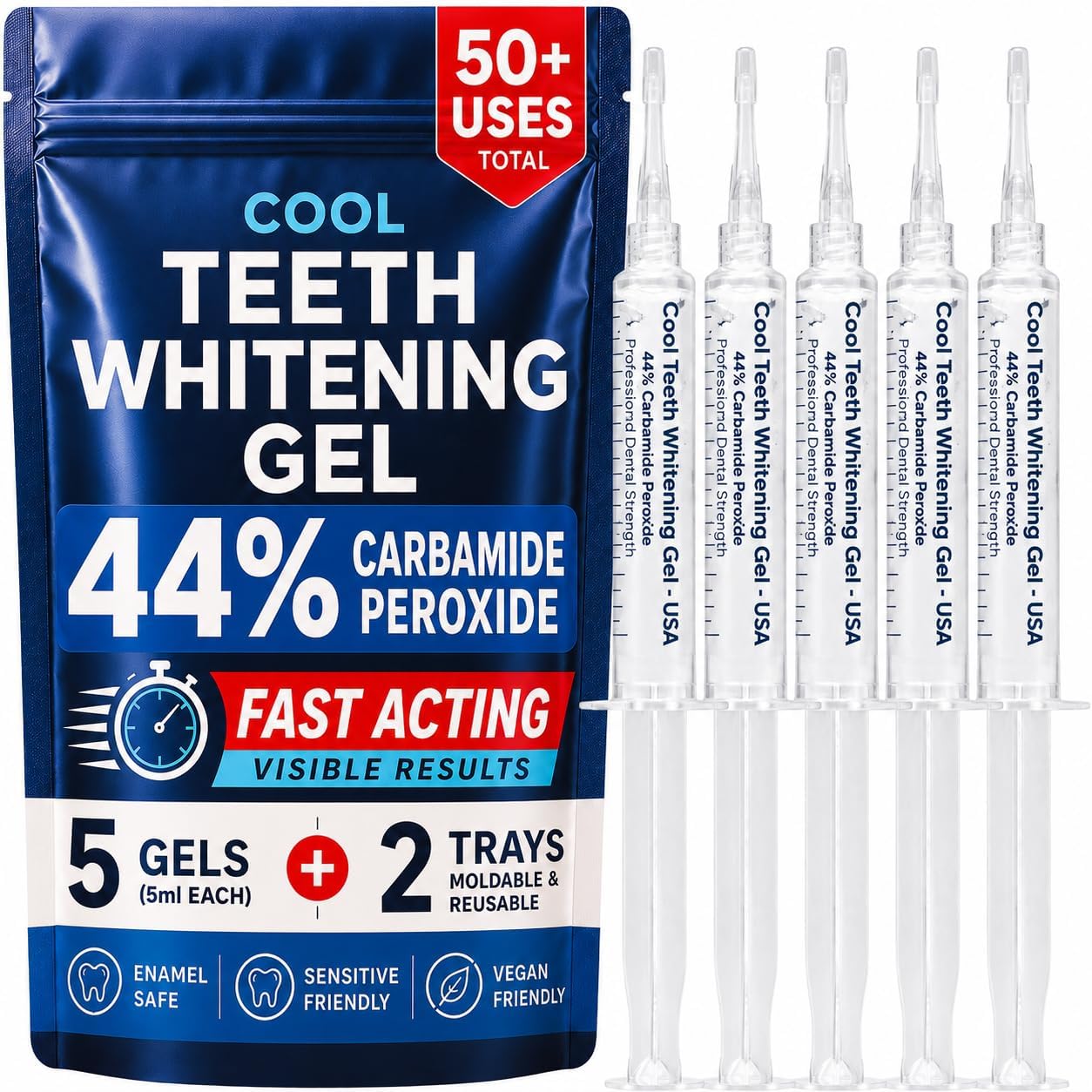 Teeth Whitening Gel with Trays 44% Carbamide Peroxide 5 Syringes - 50+ Uses