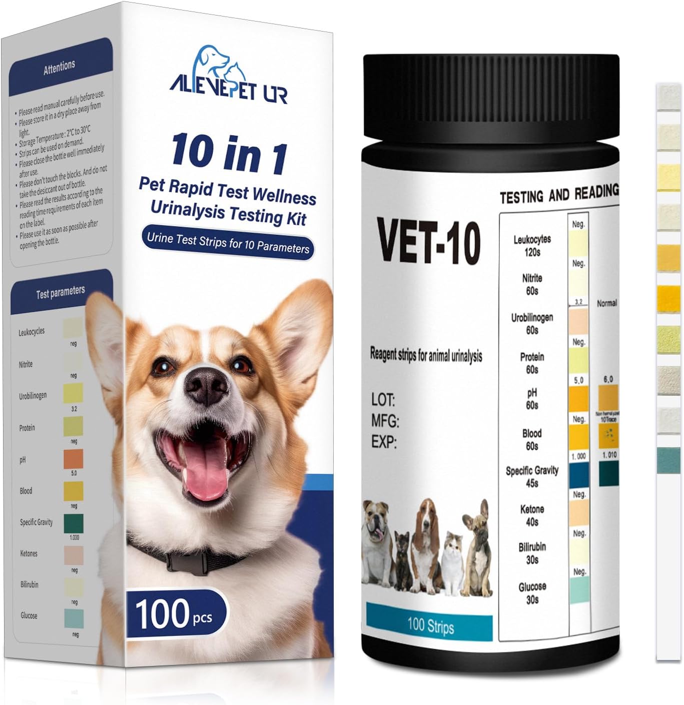 Cat & Dog Urine Test Strips 10-Parameter 100ct, Diabetes Testing, Blood Ketone Testing UTI Test Kit, Glucose, Nitrite, Specific Gravity, pH, Protein, Leukocycles & More.1 Pack