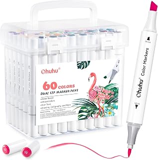 Ohuhu Markers for Adult Coloring Books No Bleeding 60 Colors Water-based Dual Tips Chisel & Brush Coloring Markers for Kids Adults Beginners Drawing Pens for Journaling Lettering