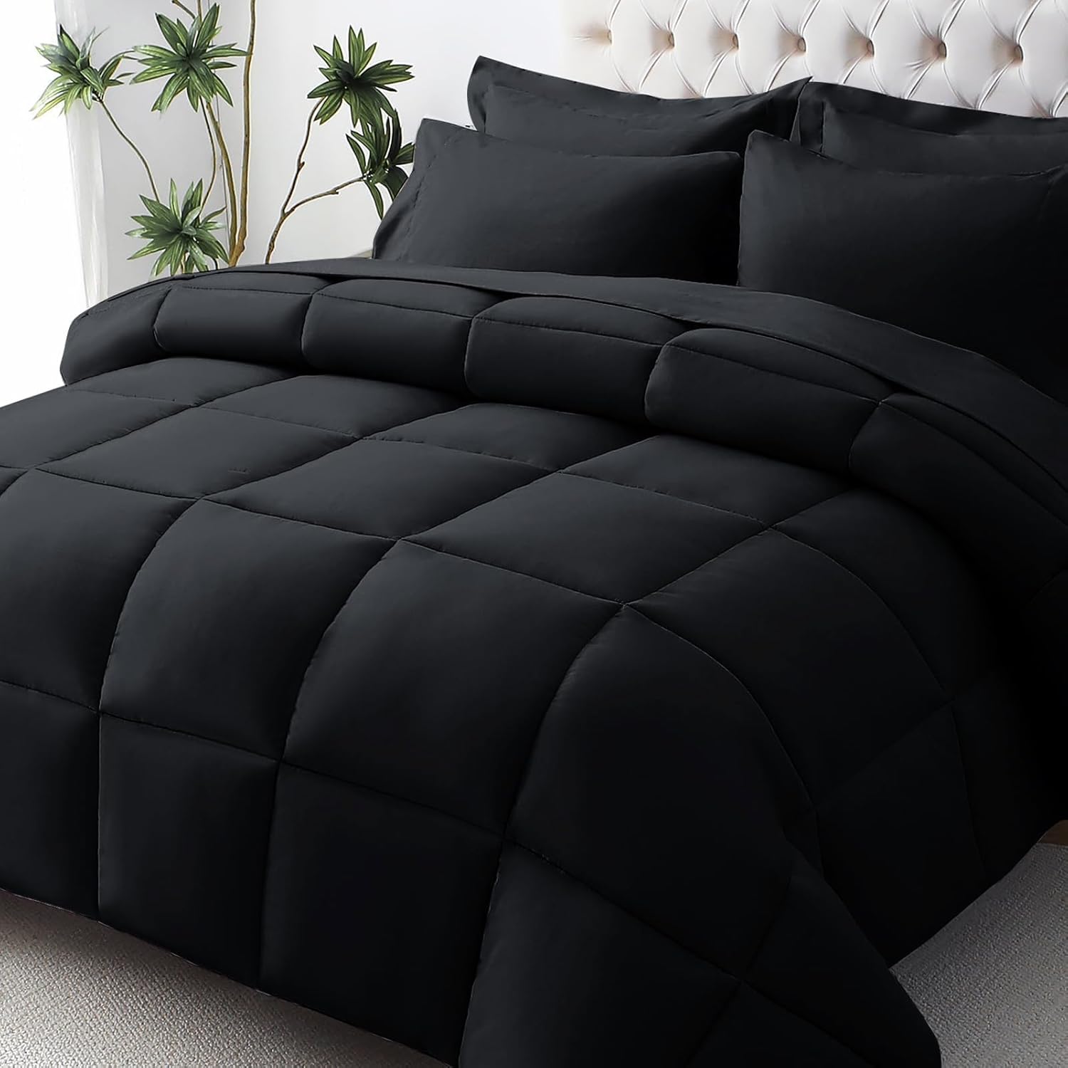 JOLLYVOGUE Queen Comforter Set, Ultra-Soft Queen Size Comforter Sets, 7-Piece Bed in a Bag, Goose Down Alternative, Oeko-TEX Certified, Sheets & Pillowcases, Black