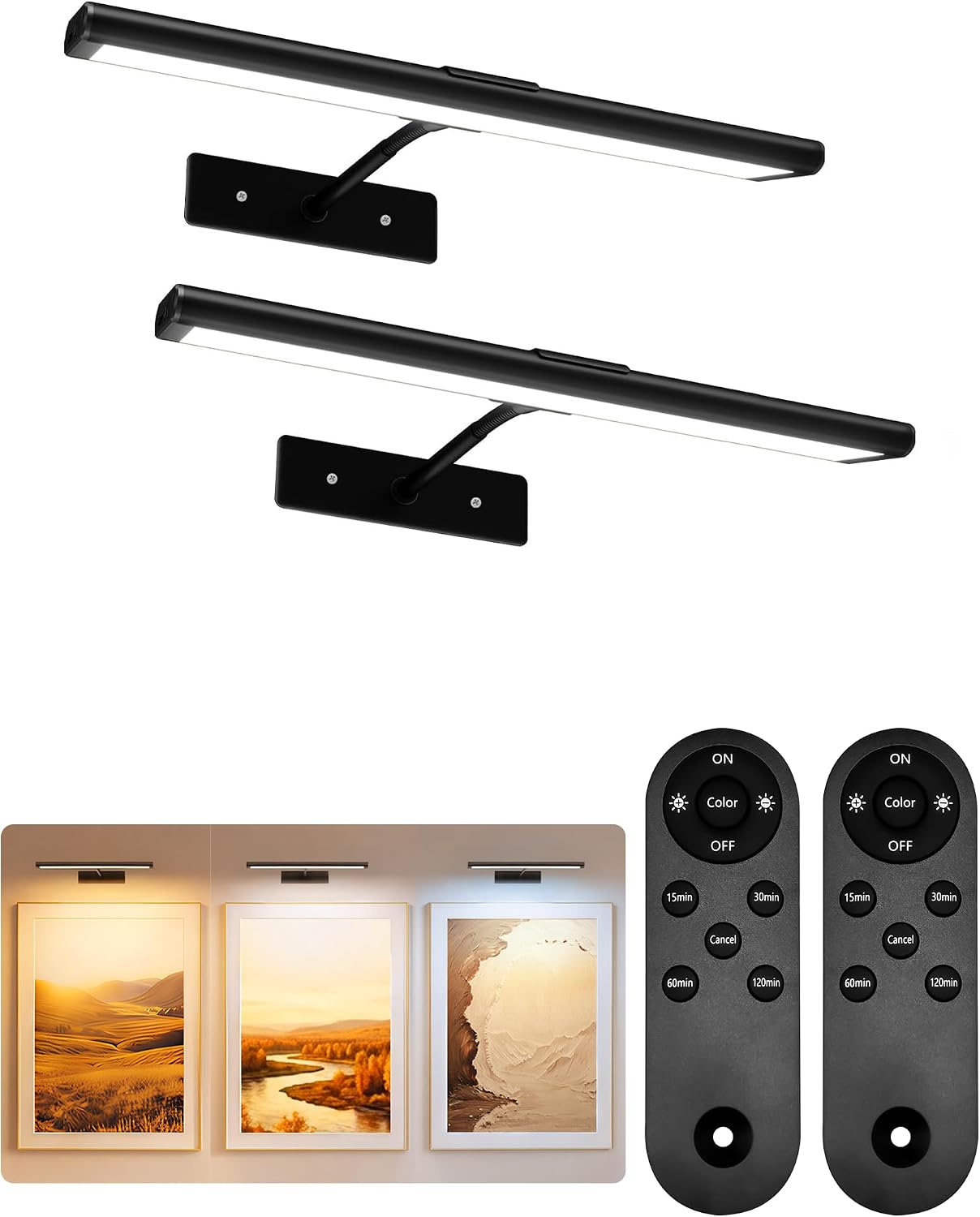 EZVALO Picture Light for Wall, 13'' Black Rechargeable 4800mAh Black Lights Wireless Remote, Dimmable Magnetic LED Art Painting Light with 3 Color Temperatures, Display for Gallery, Living Room(2P)