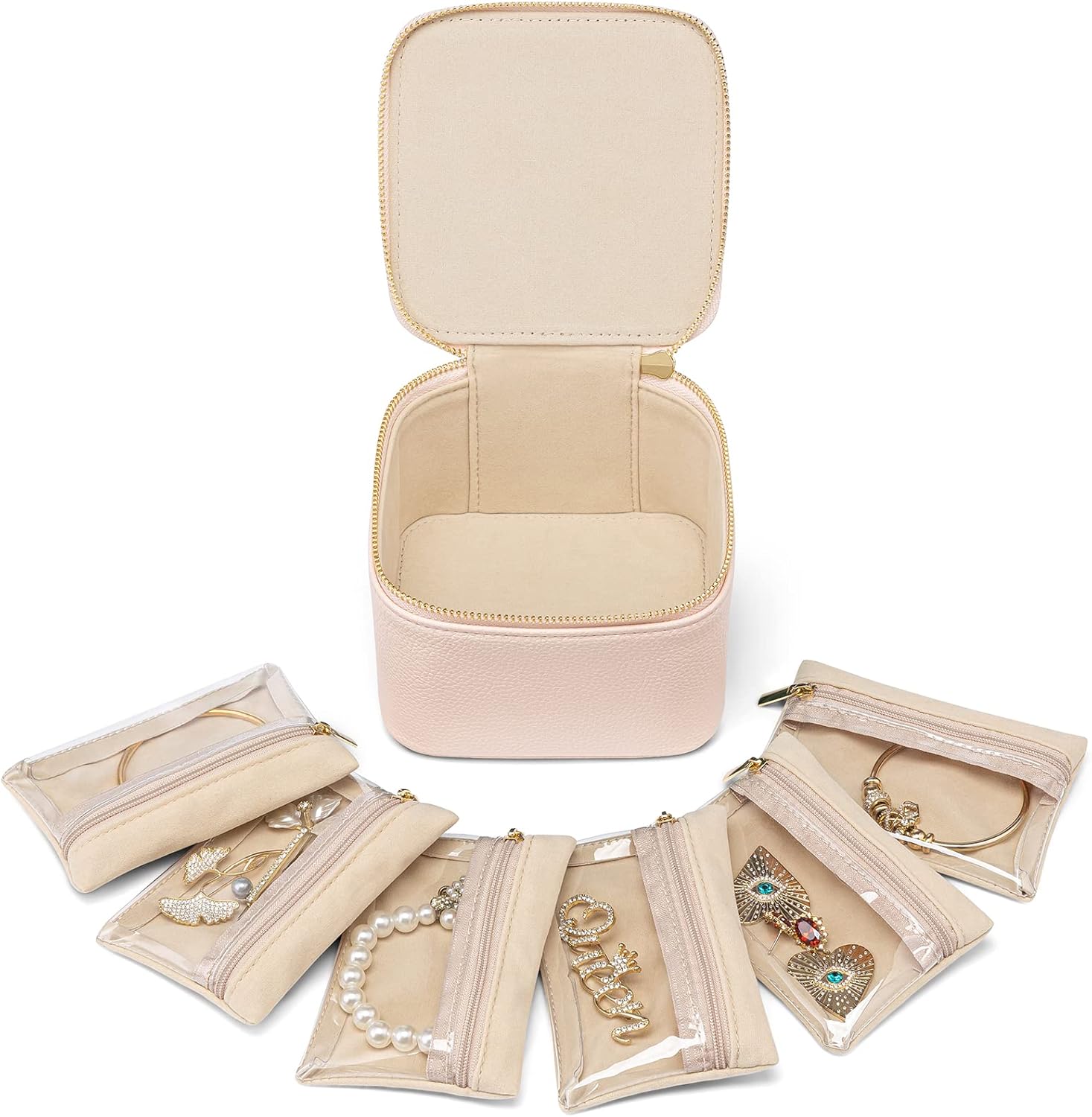 Vlando Small Jewellery Box Organiser Travel Jewelry Storage with 6 Velvet Jewellery Zipper Pockets,Premium Petal Hardware Jewellery Case