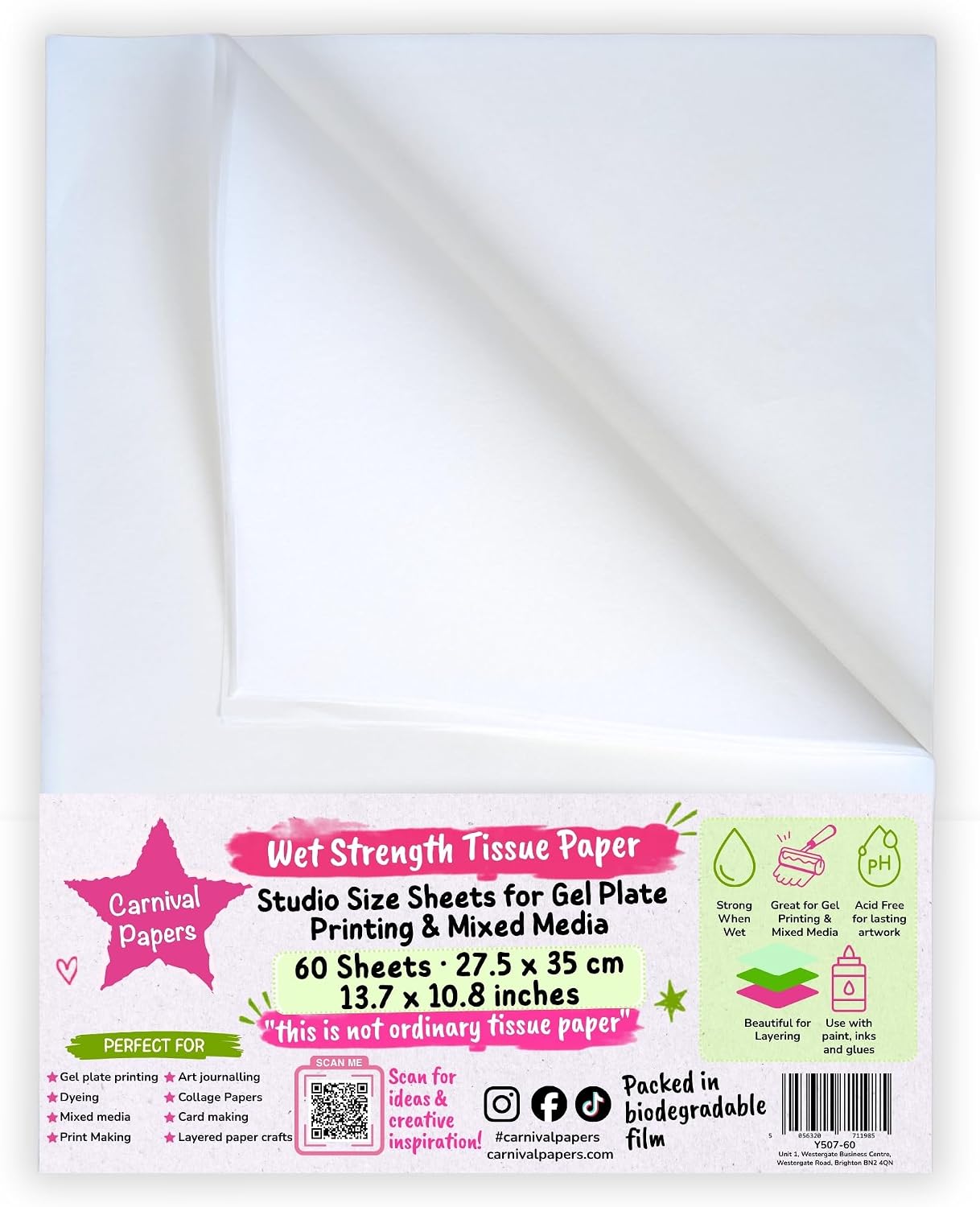 Carnival Papers Wet Strength Tissue Paper Small Sheets Oversize A4 Great for Gel Plate Printing, Mixed Media Crafts, Clay Tracing Super Strong White Tissue Paper