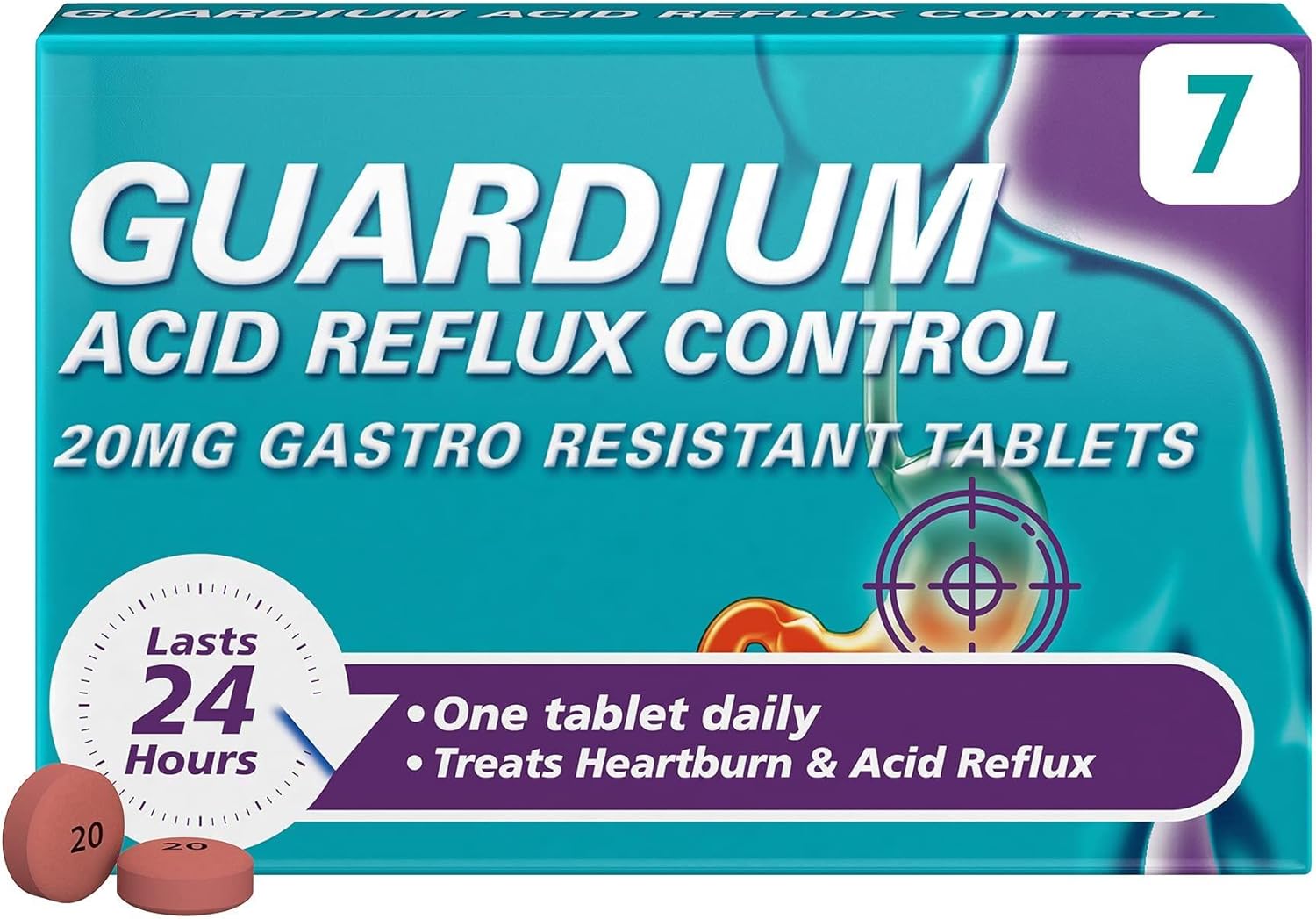 Guardium Esomeprazole Tablets, 7 Gastro Resistant Pills for Acid Reflux, Indigestion, Heartburn, GERD, GORD, 24-Hour Antacid Protection, Supports Digestion & Relieves Nausea