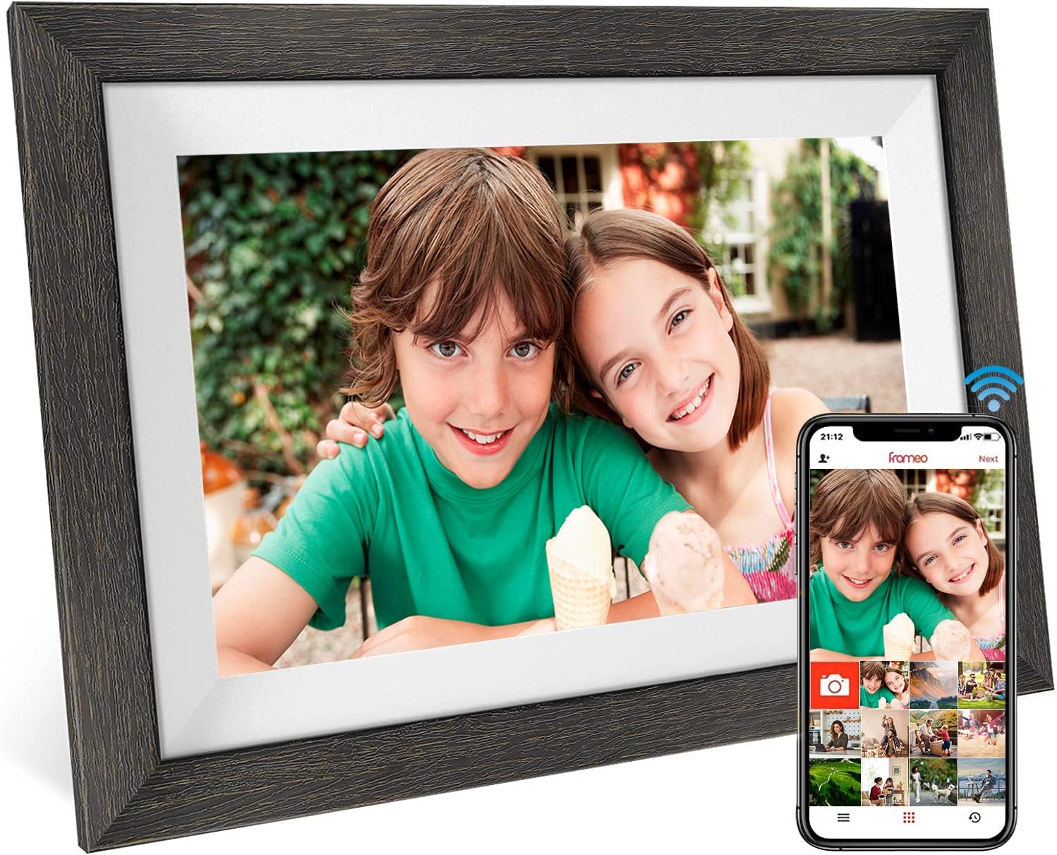 Frameo 10.1 Inch WiFi Digital Picture Frame,1280 * 800IPS HD Cloud Smart Digital Photo Frame,32GB Storage, Wall Mountable, Auto-Rotate,Easy to Share Photos or Videos via FRAMEO APP (Wood Frame)