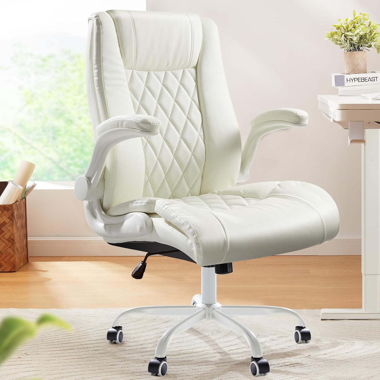 Marsail Executive Office Chair with Flip-up Armrests,PU Leather Ergonomic Desk Chair Height-Adjustable Swivel Rolling Computer Desk Chair