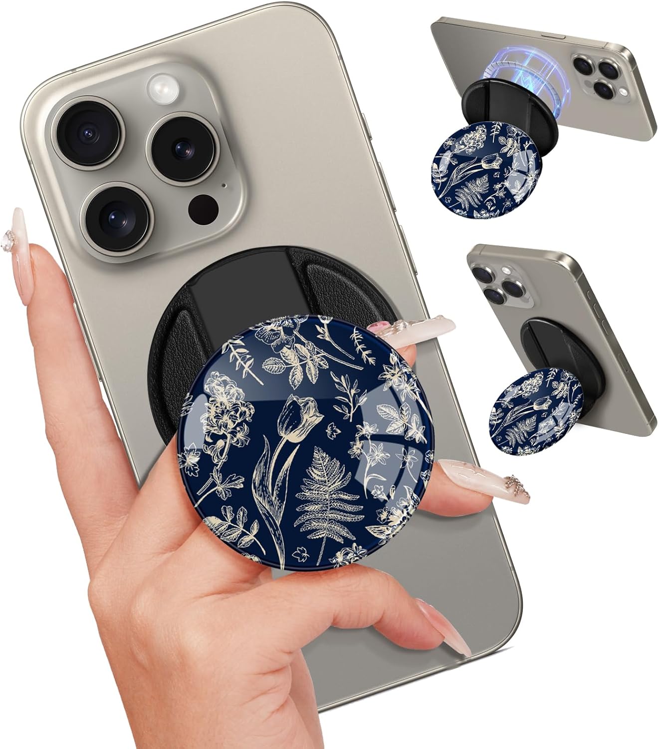Kidcube Magnetic Phone Grip Compatible with Magsafe - Cell Phone Grip Stand Ring Holder Magnet Kickstand Removable Accessories for iPhone 16 Pro Max/16/15/14/13/12 Series Women Cute Blue Floral