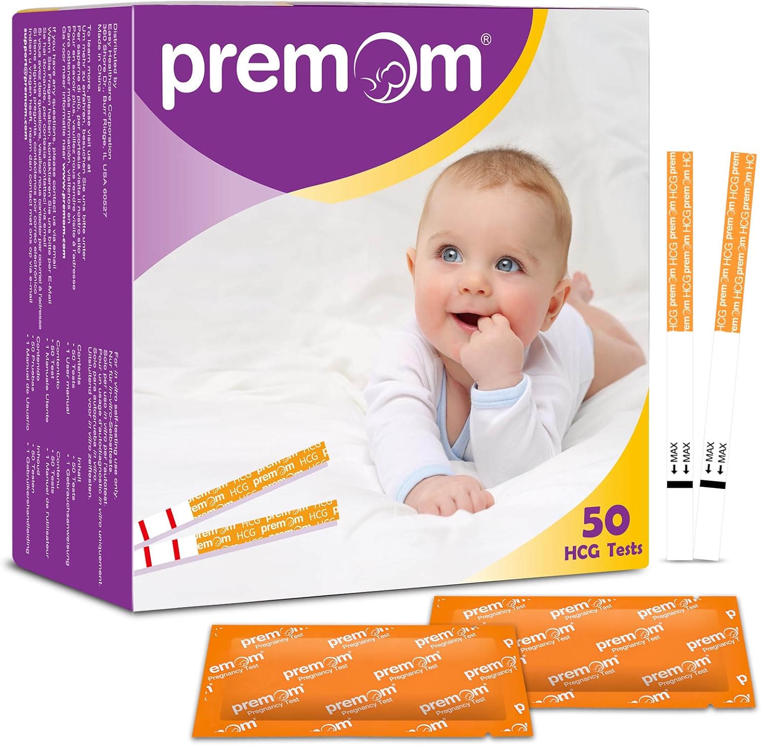 Premom hCG Pregnancy Test Strips: 50 Individually Wrapped Pregnancy Test Kit Powered by Premom Ovulation Predictor | hCG Urine Pregnancy Test Strips in Bulk