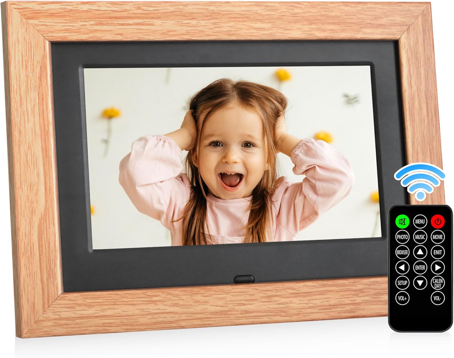 7-inch digital photo frame with a 1280x800 high-definition IPS screen, remote control operation, no WiFi, USB or SD card support for photos, music, and videos, and calendar display.yellow