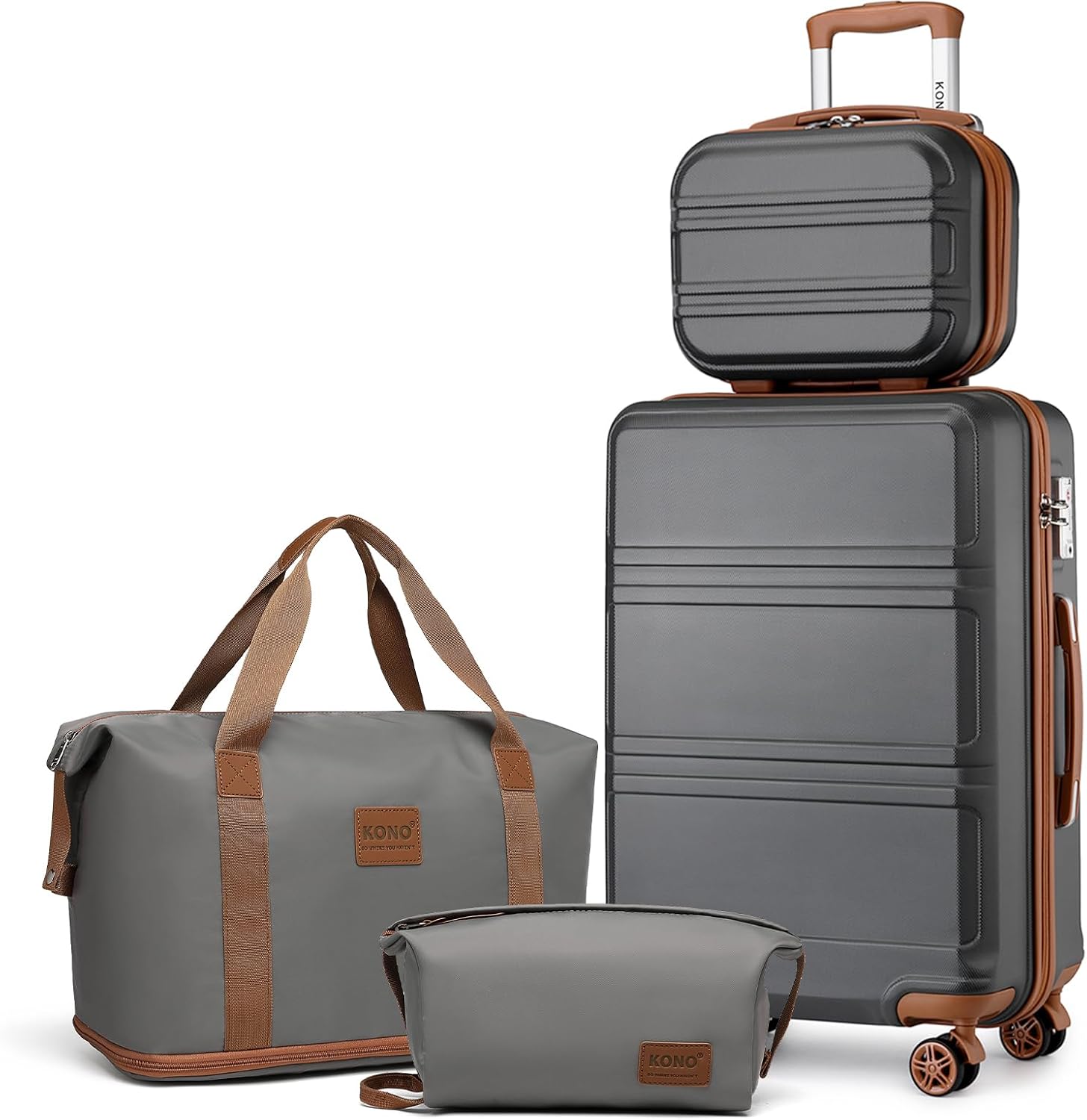 Kono 4-Piece Luggage Set, Lightweight ABS Hardshell 12" Cosmetic Case and 20" Carry-On Suitcase with TSA Combination Lock Includes Travel Duffle Bag and Toiletry Bag (Grey/Brown)