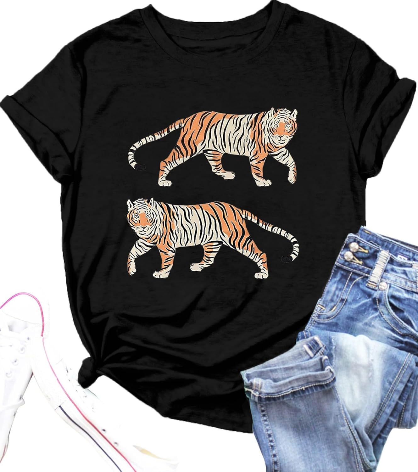 Tiger Shirt Women Vintage Animal Graphic T-Shirt Casual Short Sleeve Crewneck Tee Summer Loose Fit Tops