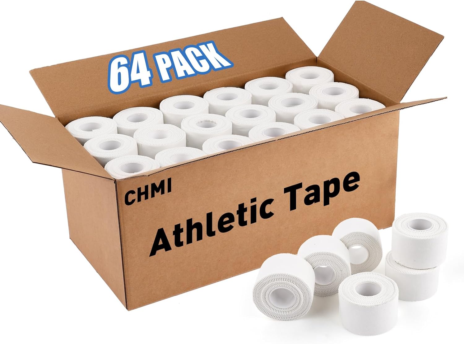 CHMI Athletic Tape,White Sports Tape (64 Pack), 640 Yards Rolls Very Strong Easy Tear NO Sticky Residue Best Tape for Gymnastics Climbing Bat Injuries Medical (1.5 Inch X 640 Yards).