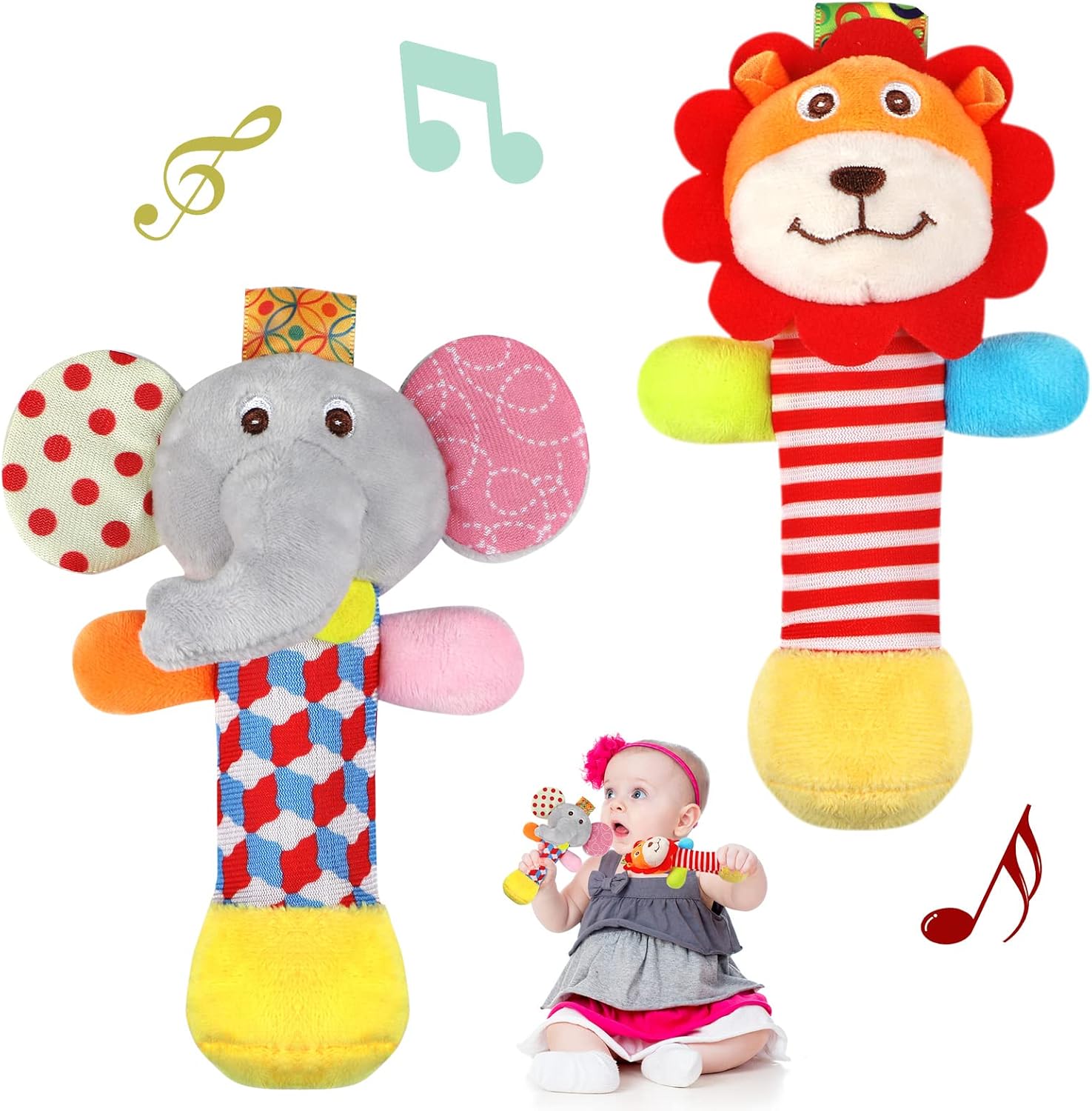 Weysoo Soft Baby Rattles, 2 Pack Plush Animal Rattle Toys for Babies 0-6 Months, First Baby Sensory Toy with Sound for 0 3 6 Month Infant Gift (Elephant, Lion), yellow orange